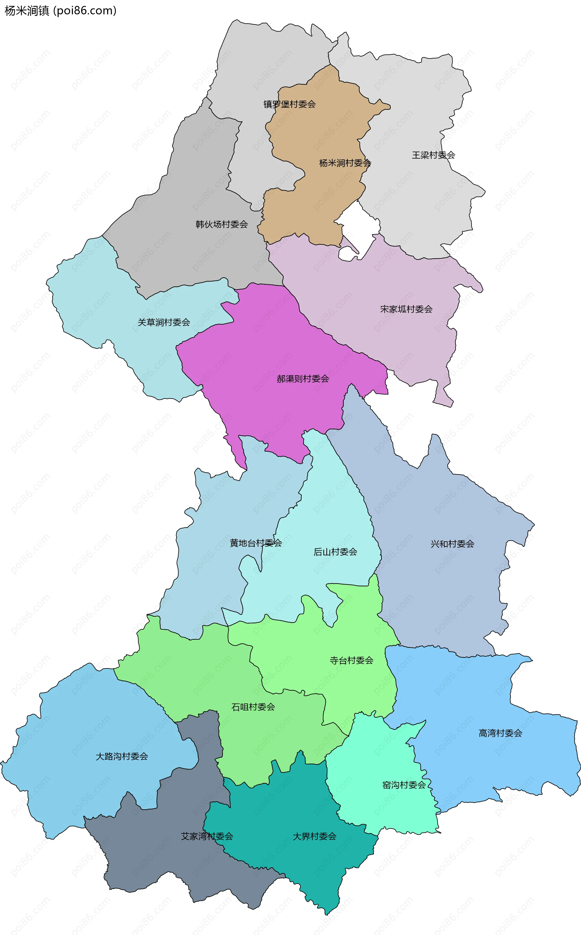 杨米涧镇边界地图(五级行政区划)