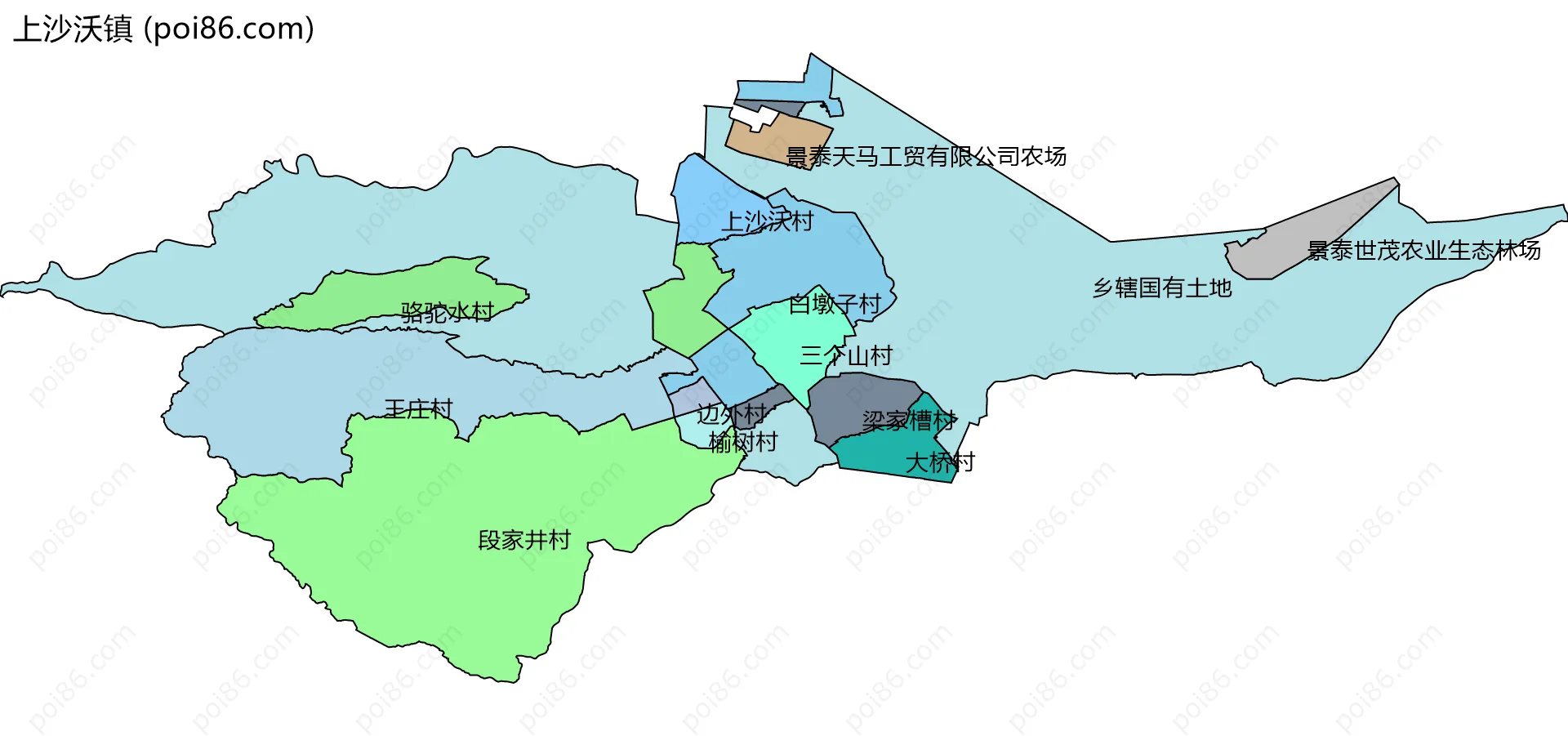 上沙沃镇边界地图(五级行政区划)
