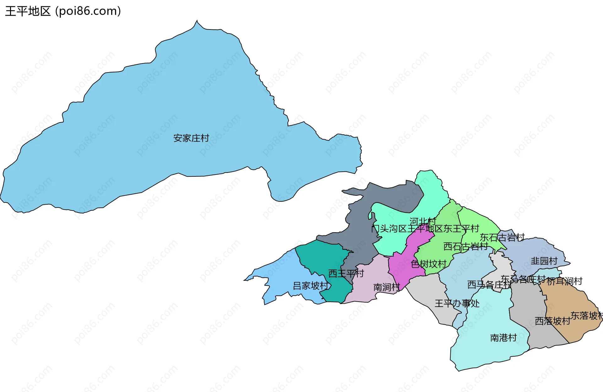 王平地区边界地图(五级行政区划)