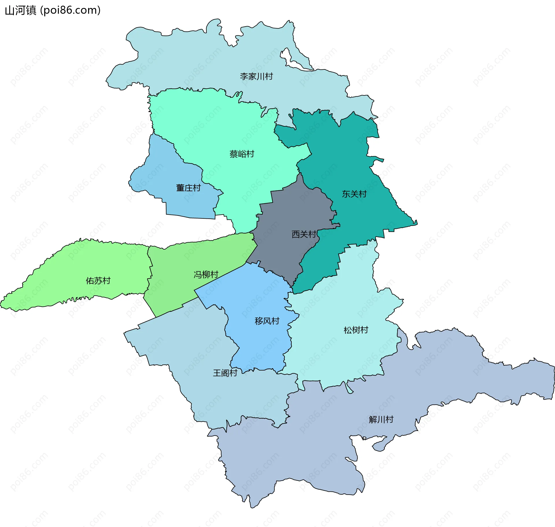 山河镇边界地图(五级行政区划)
