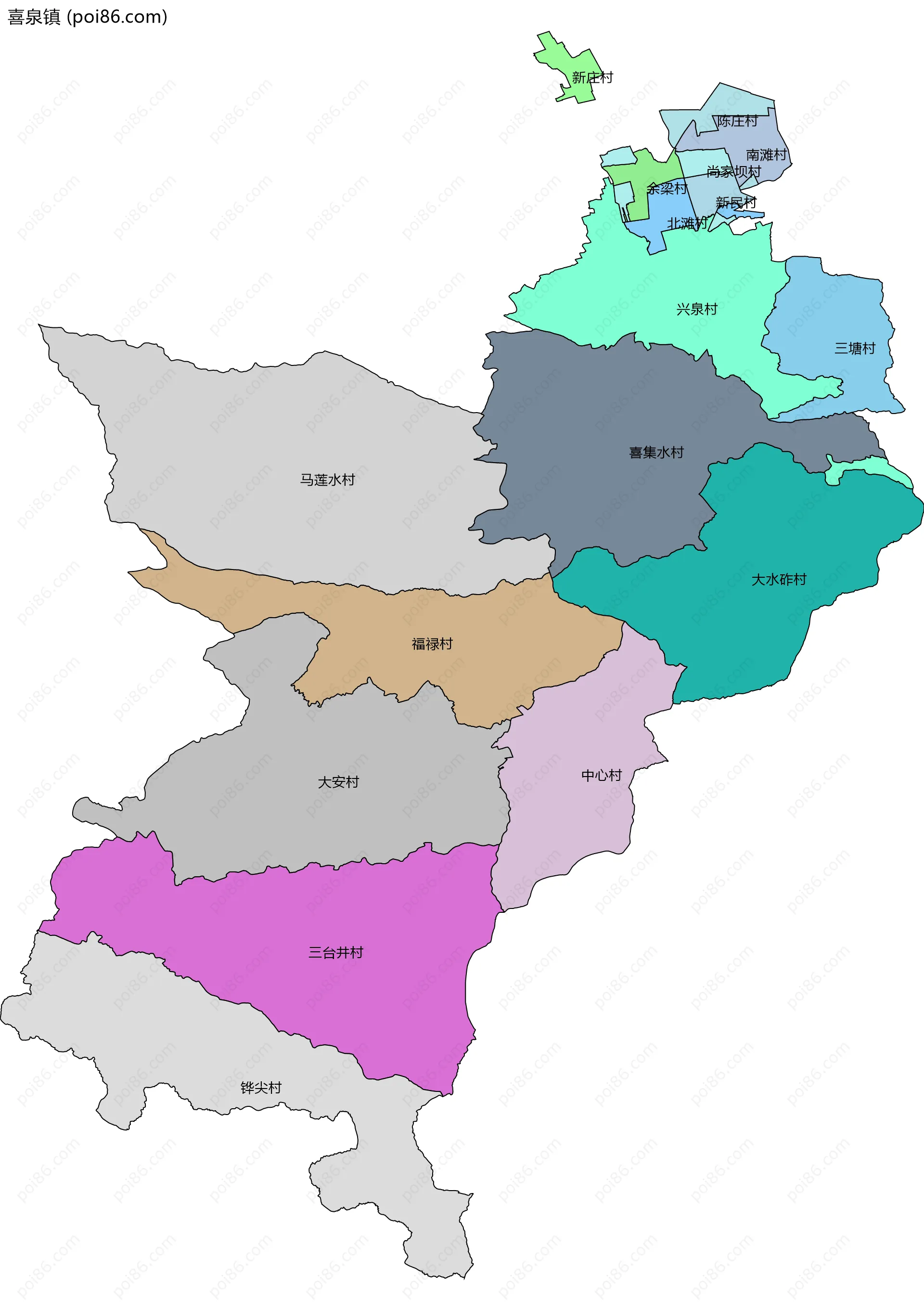 喜泉镇边界地图(五级行政区划)