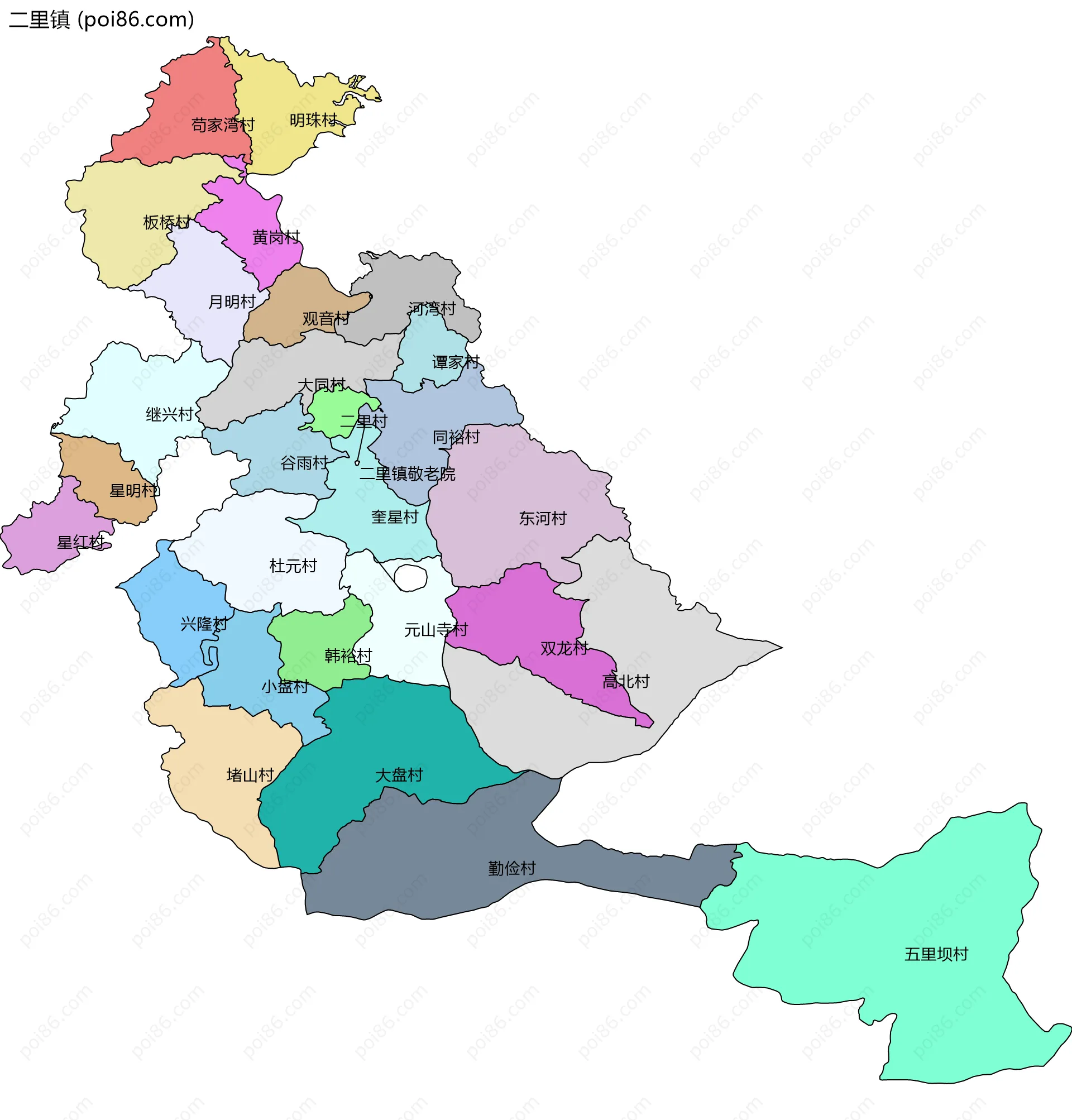 二里镇边界地图(五级行政区划)