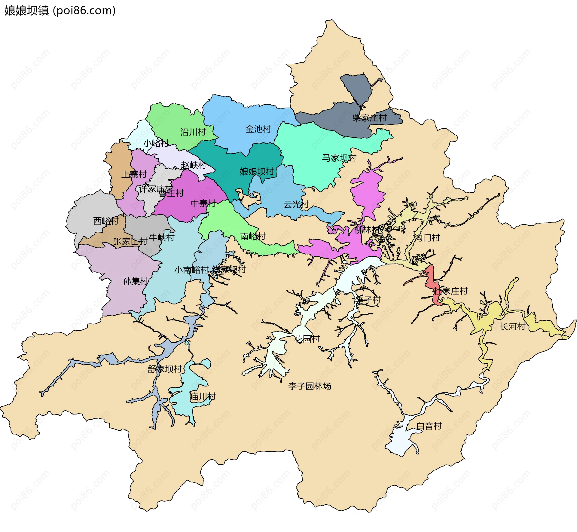 娘娘坝镇边界地图(五级行政区划)