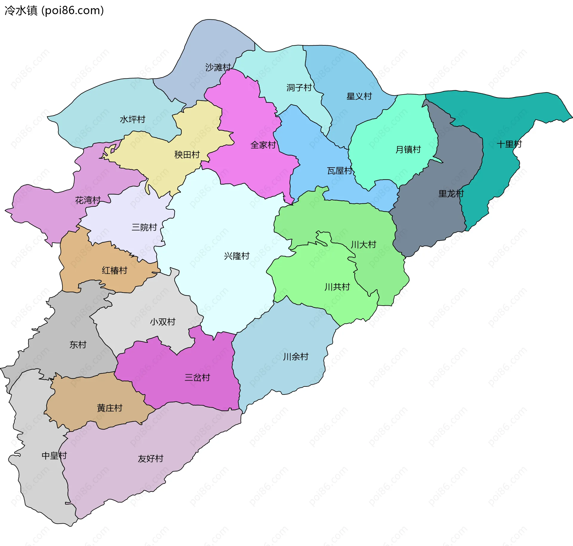 冷水镇边界地图(五级行政区划)