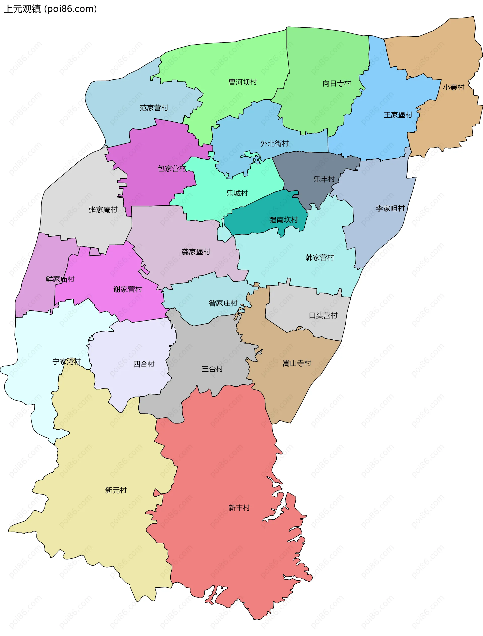 上元观镇边界地图(五级行政区划)