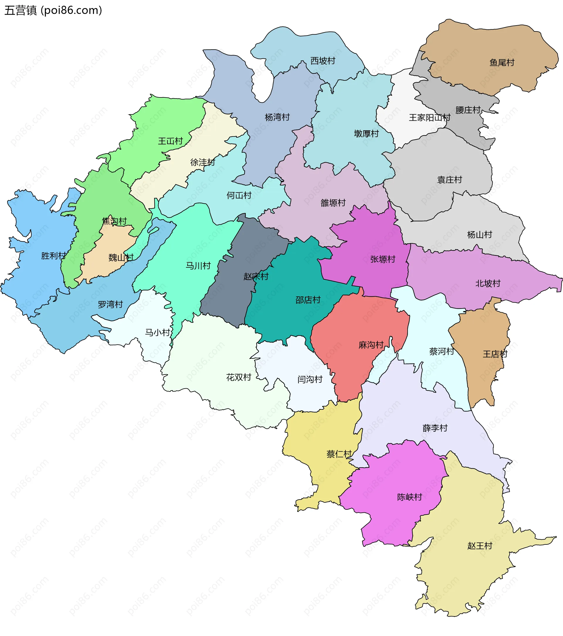 五营镇边界地图(五级行政区划)