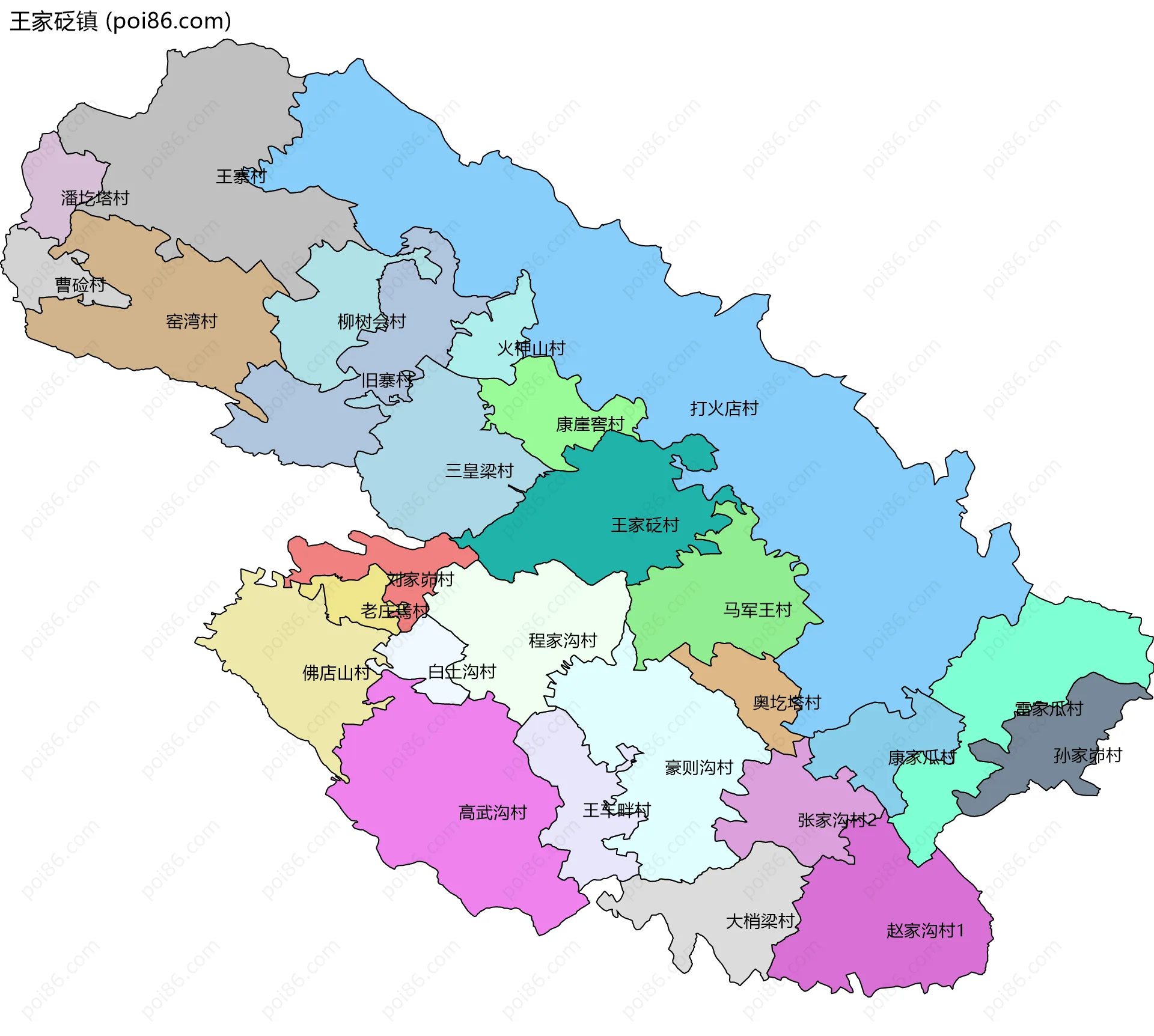 王家砭镇边界地图(五级行政区划)