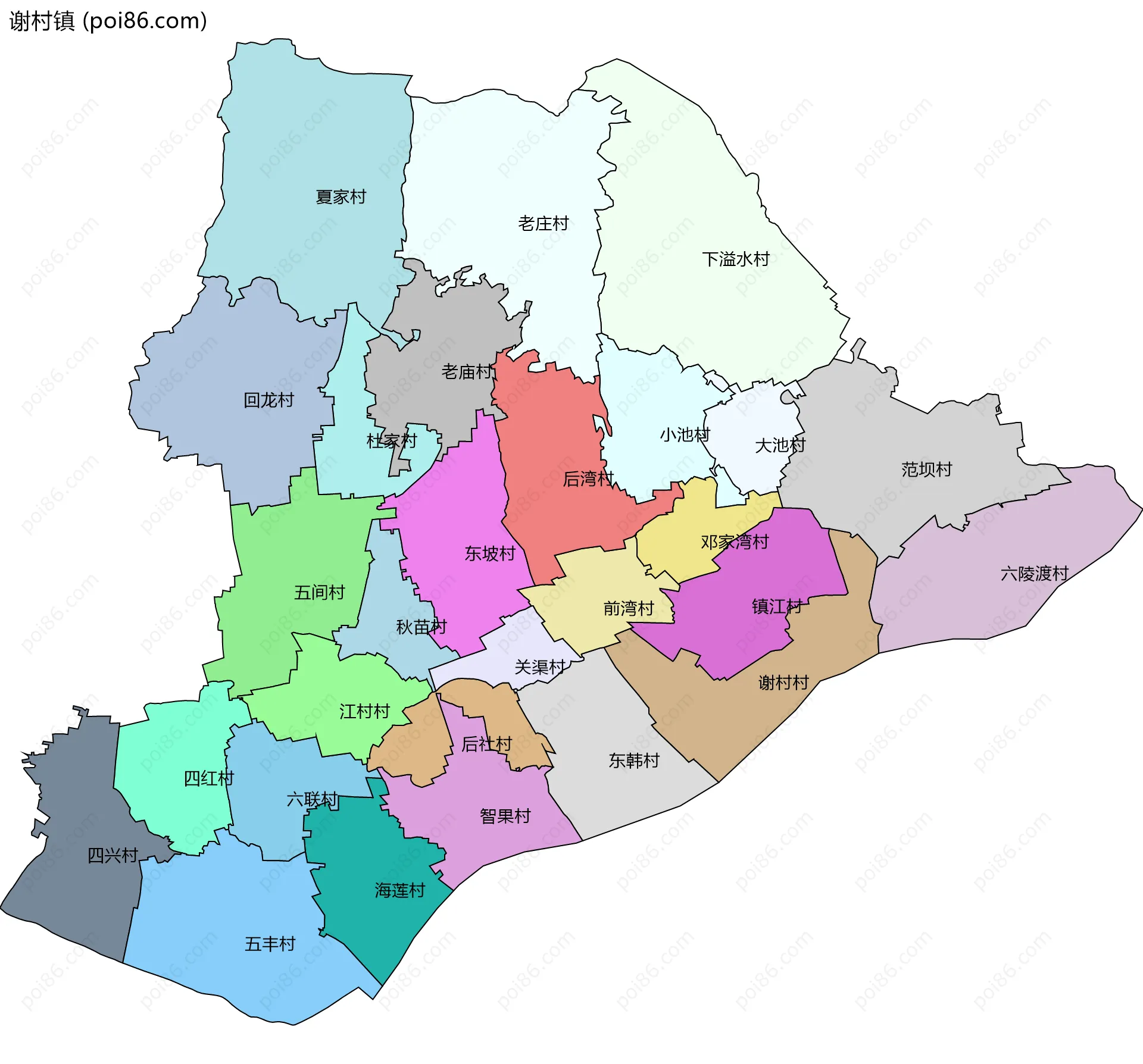 谢村镇边界地图(五级行政区划)