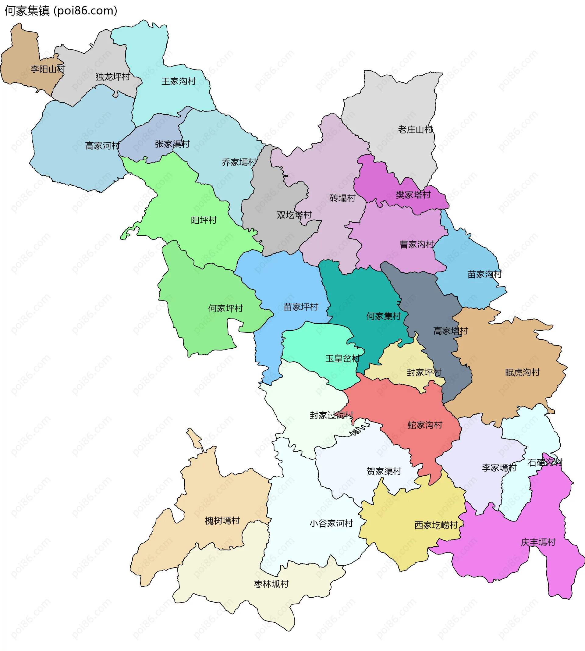 何家集镇边界地图(五级行政区划)