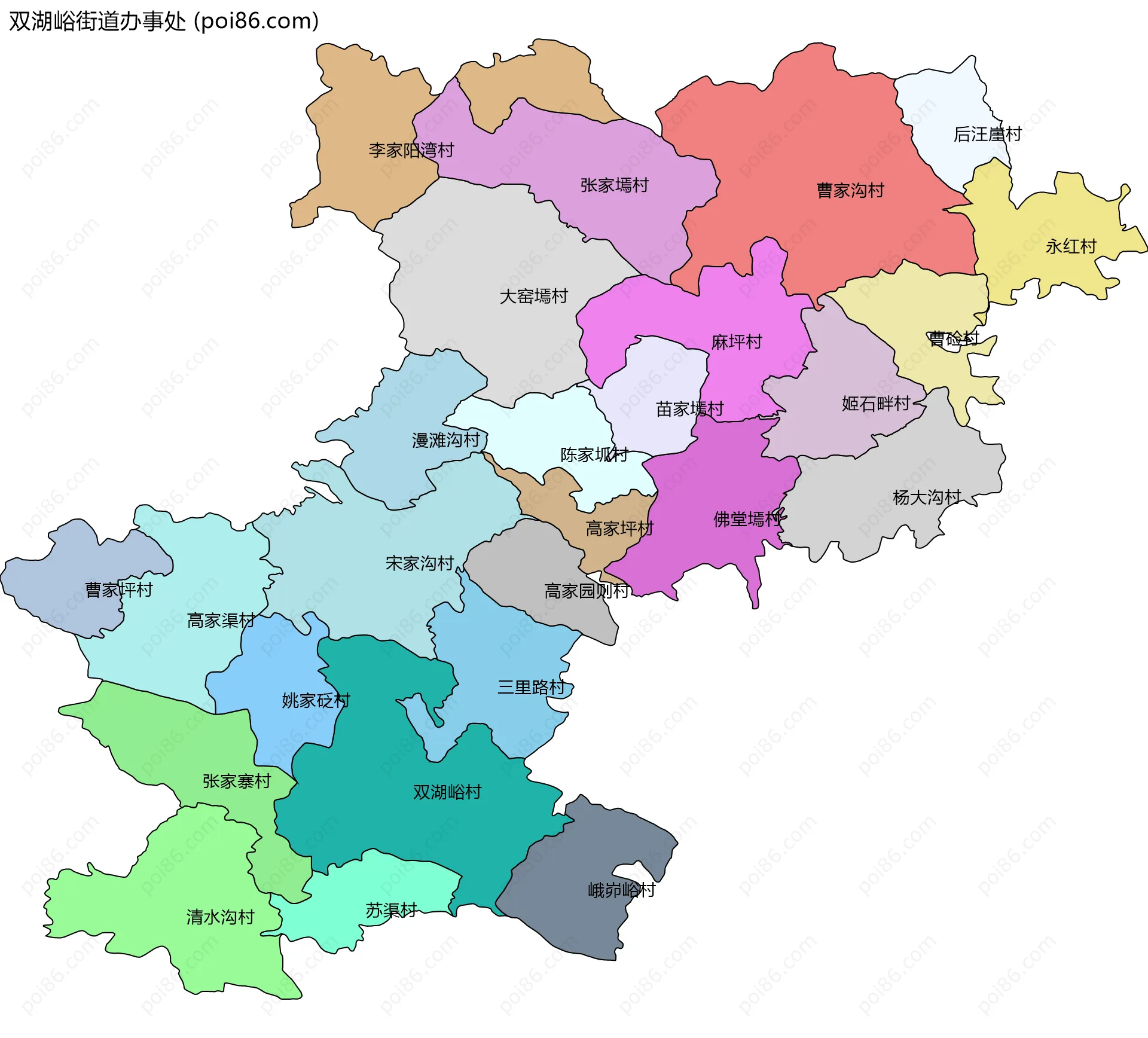 双湖峪街道办事处边界地图(五级行政区划)
