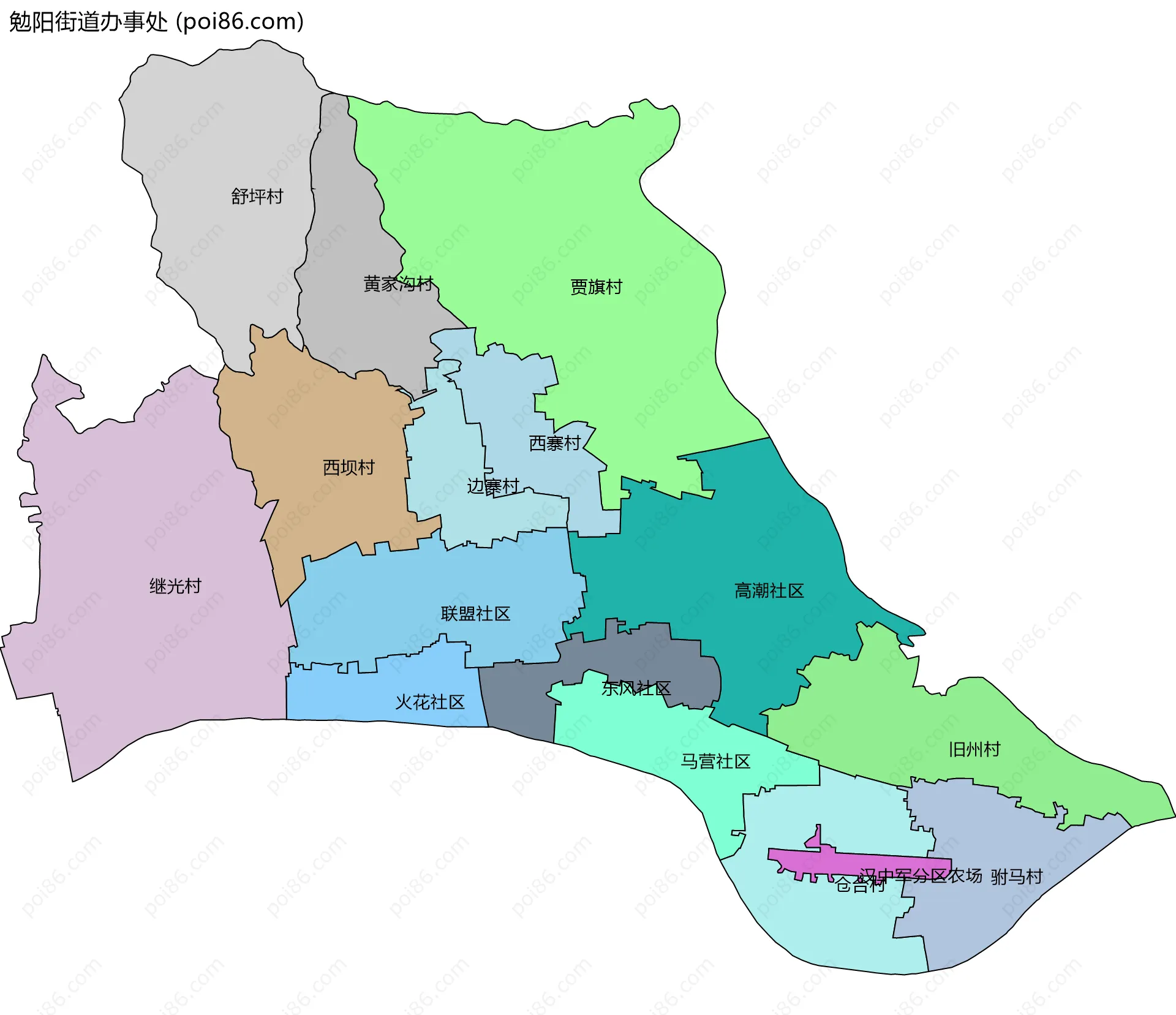 勉阳街道办事处边界地图(五级行政区划)