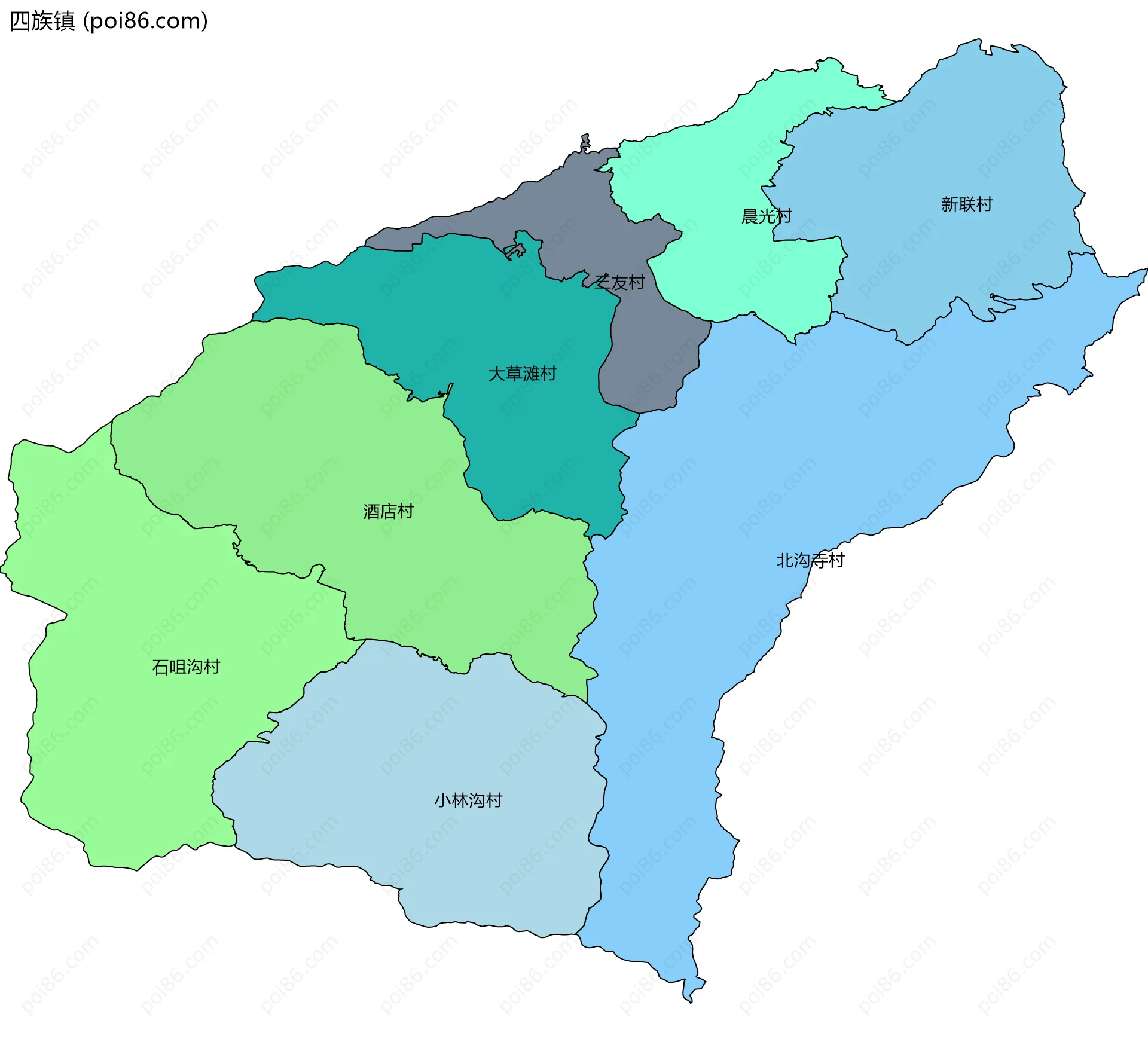 四族镇边界地图(五级行政区划)