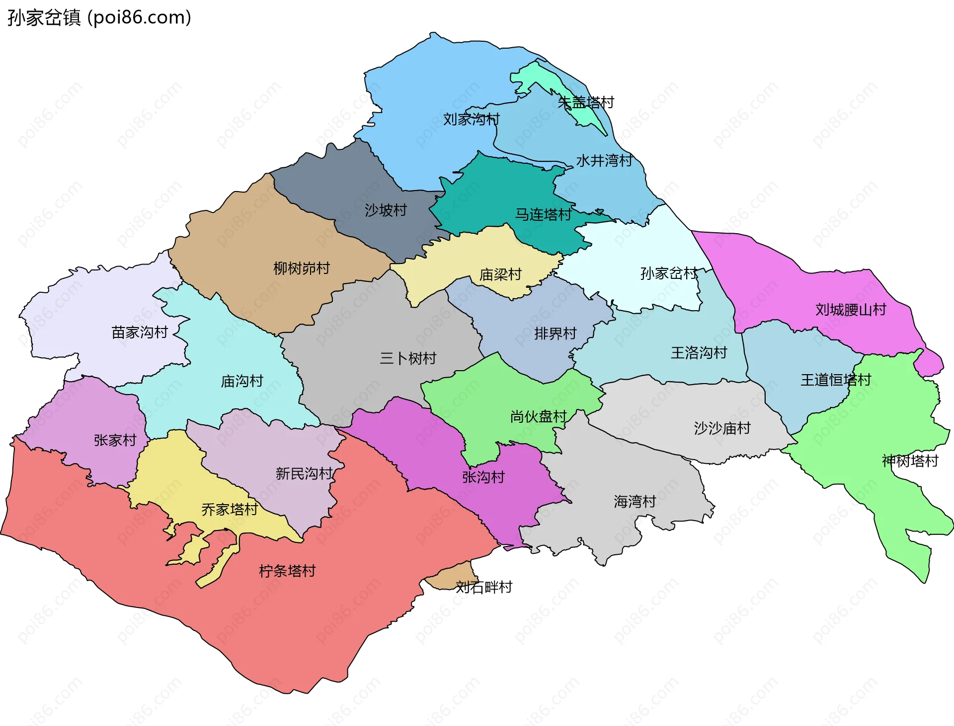 孙家岔镇边界地图(五级行政区划)