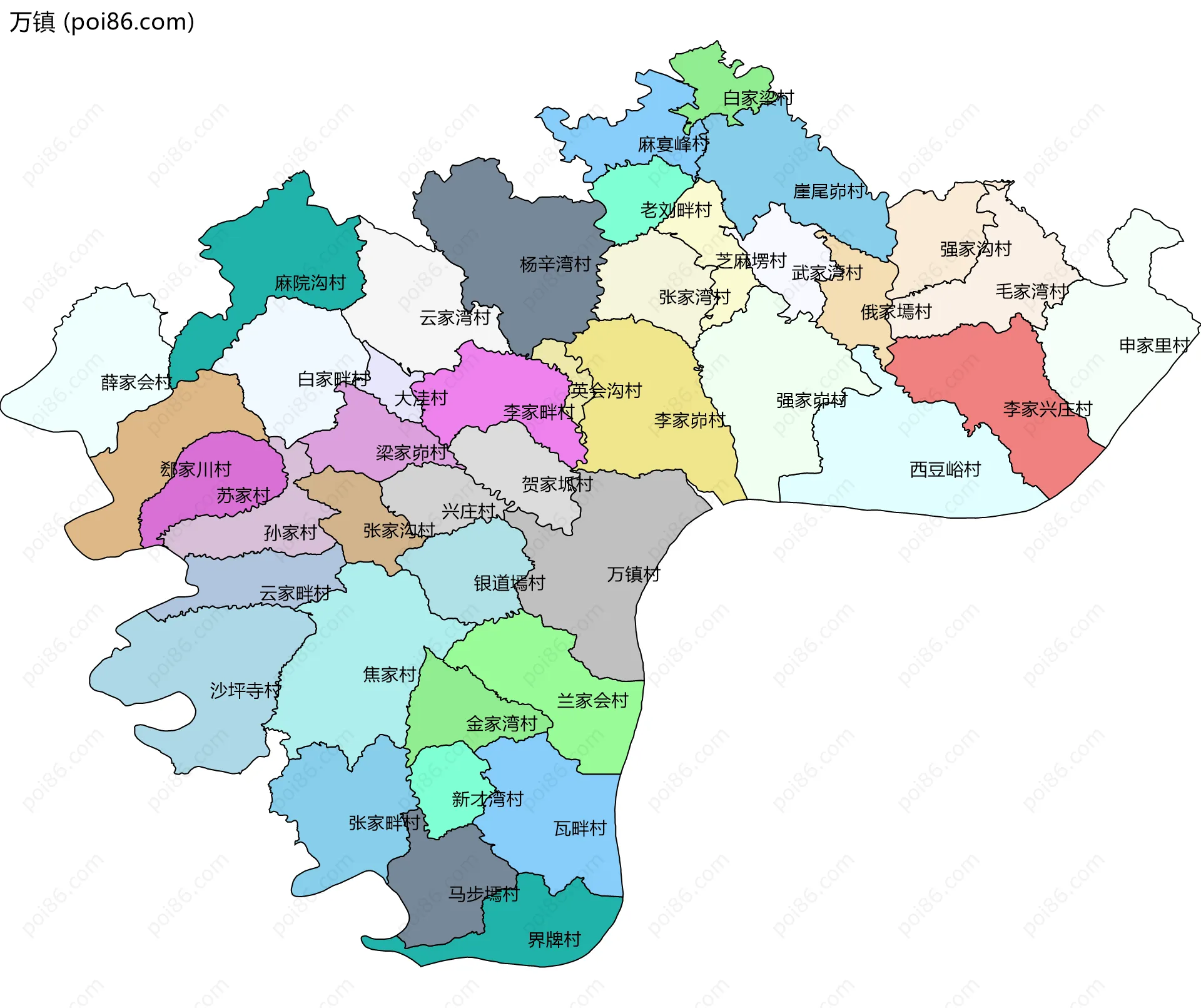 万镇边界地图(五级行政区划)