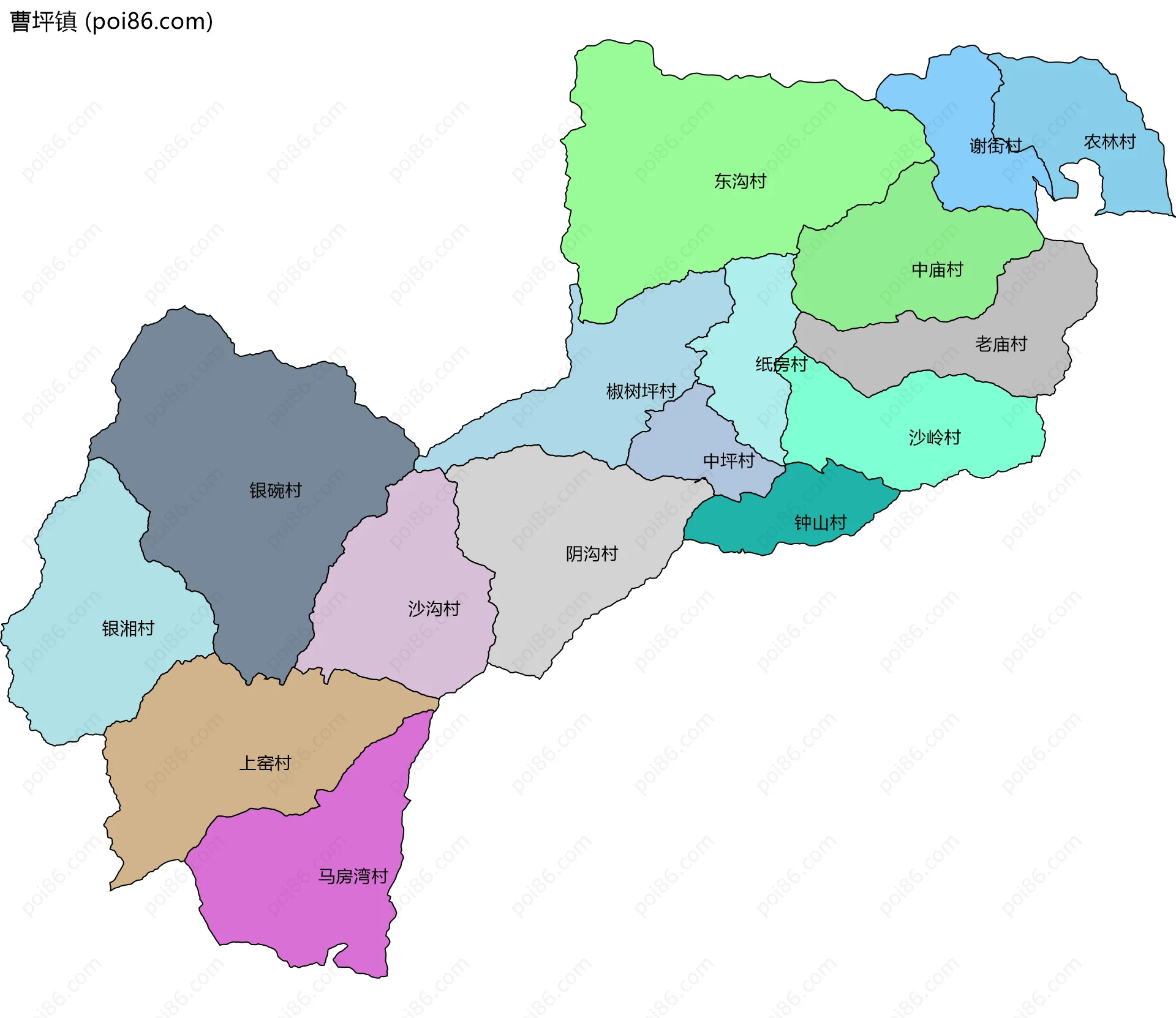 曹坪镇边界地图(五级行政区划)