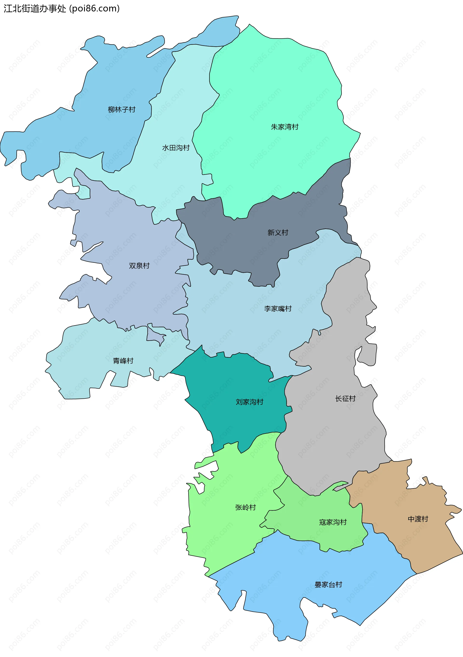江北街道办事处边界地图(五级行政区划)