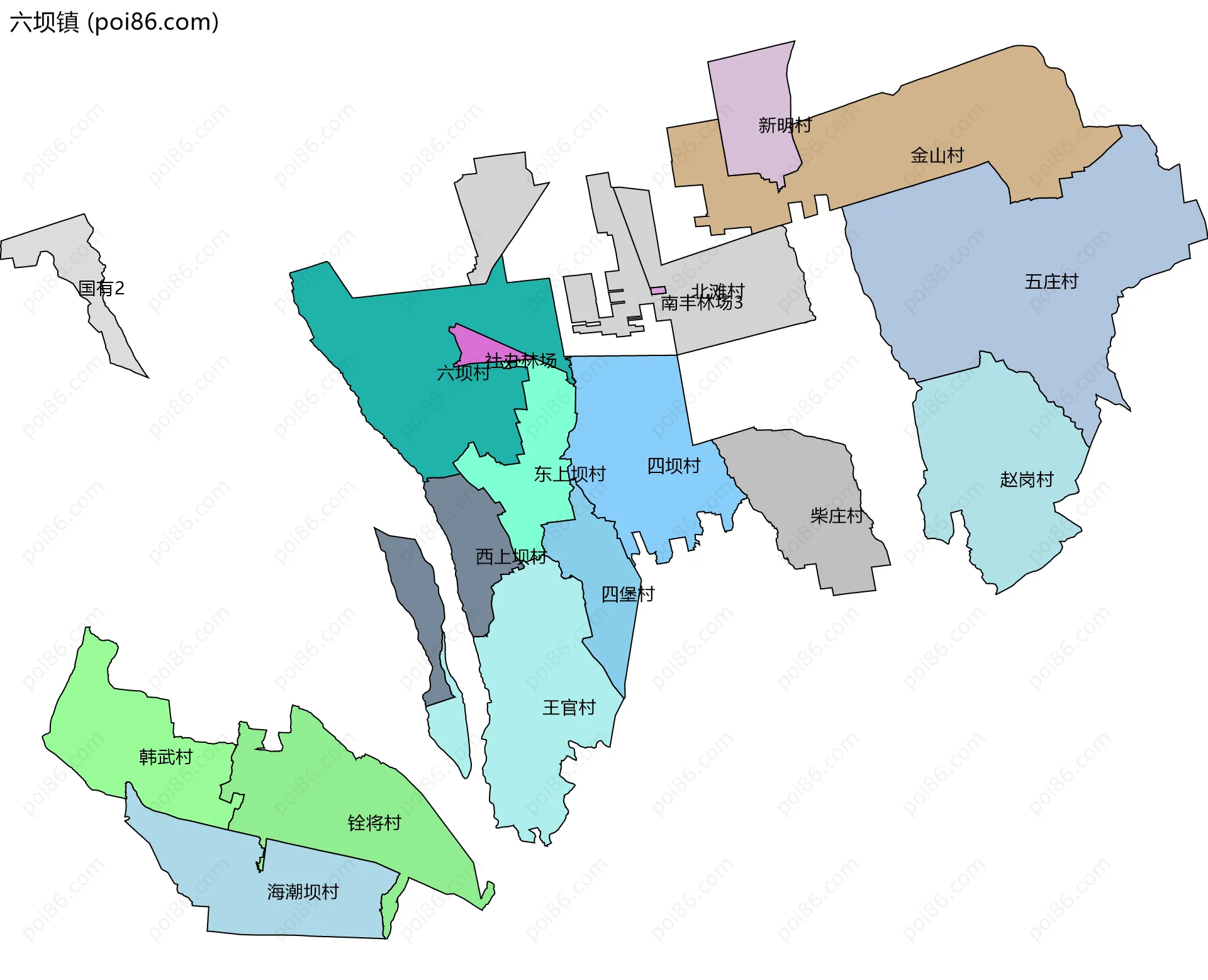 六坝镇边界地图(五级行政区划)
