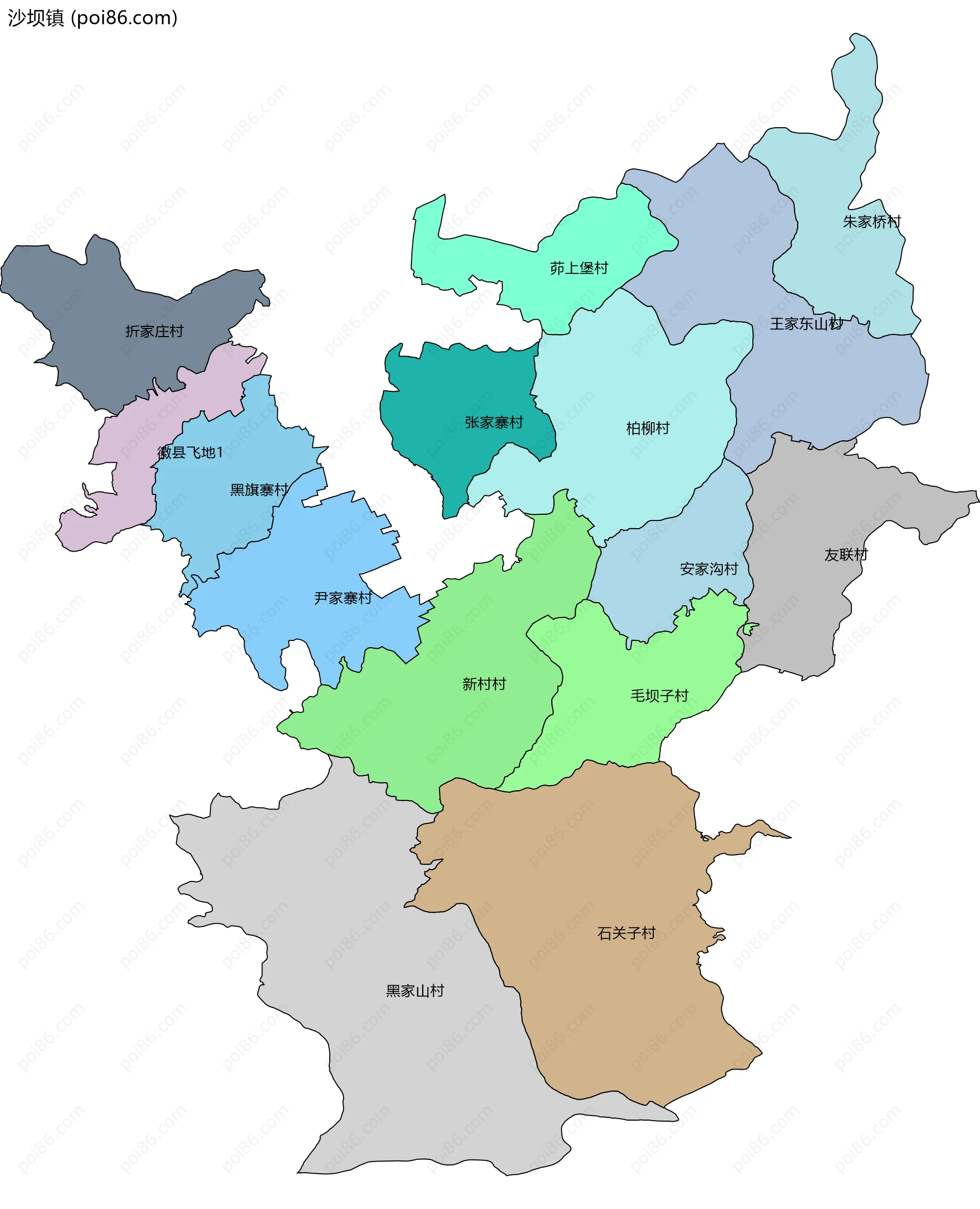 沙坝镇边界地图(五级行政区划)