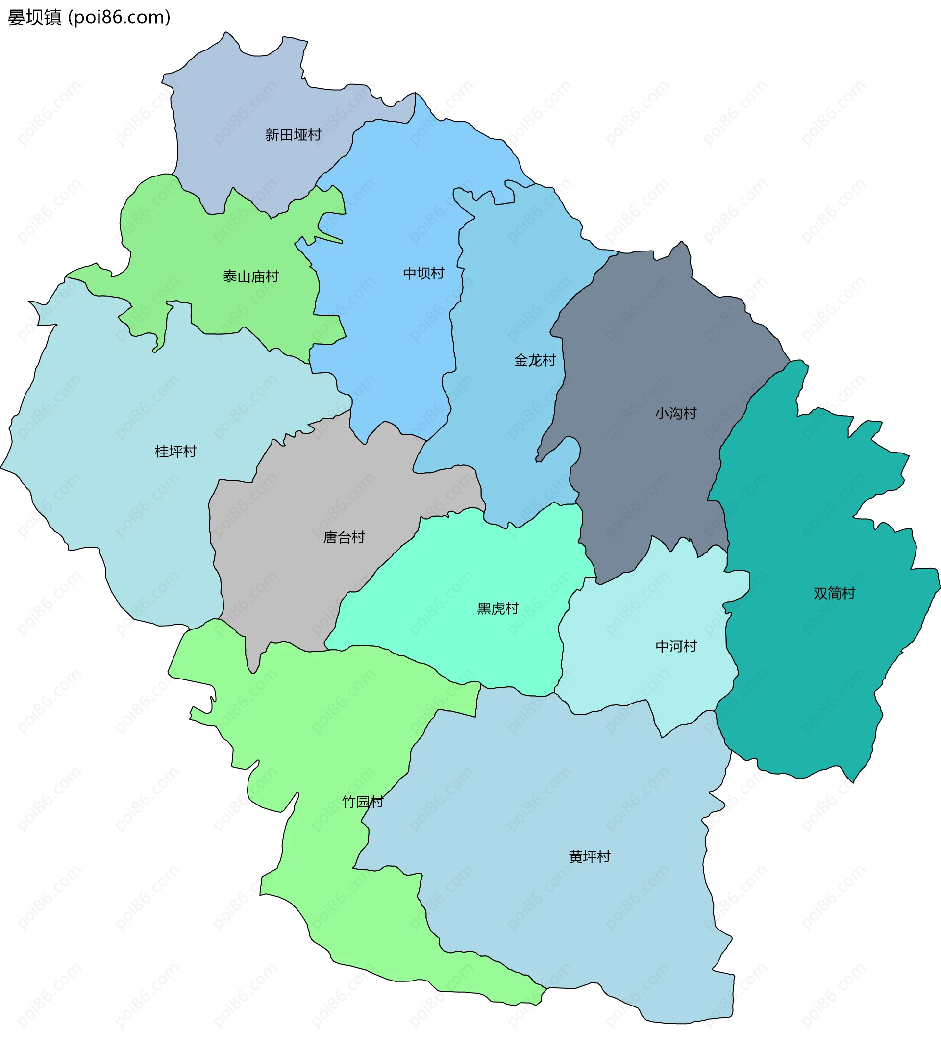 晏坝镇边界地图(五级行政区划)