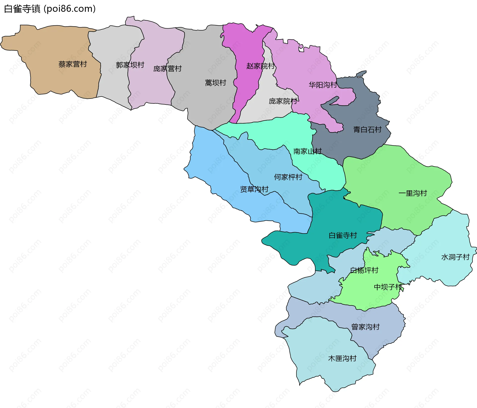 白雀寺镇边界地图(五级行政区划)