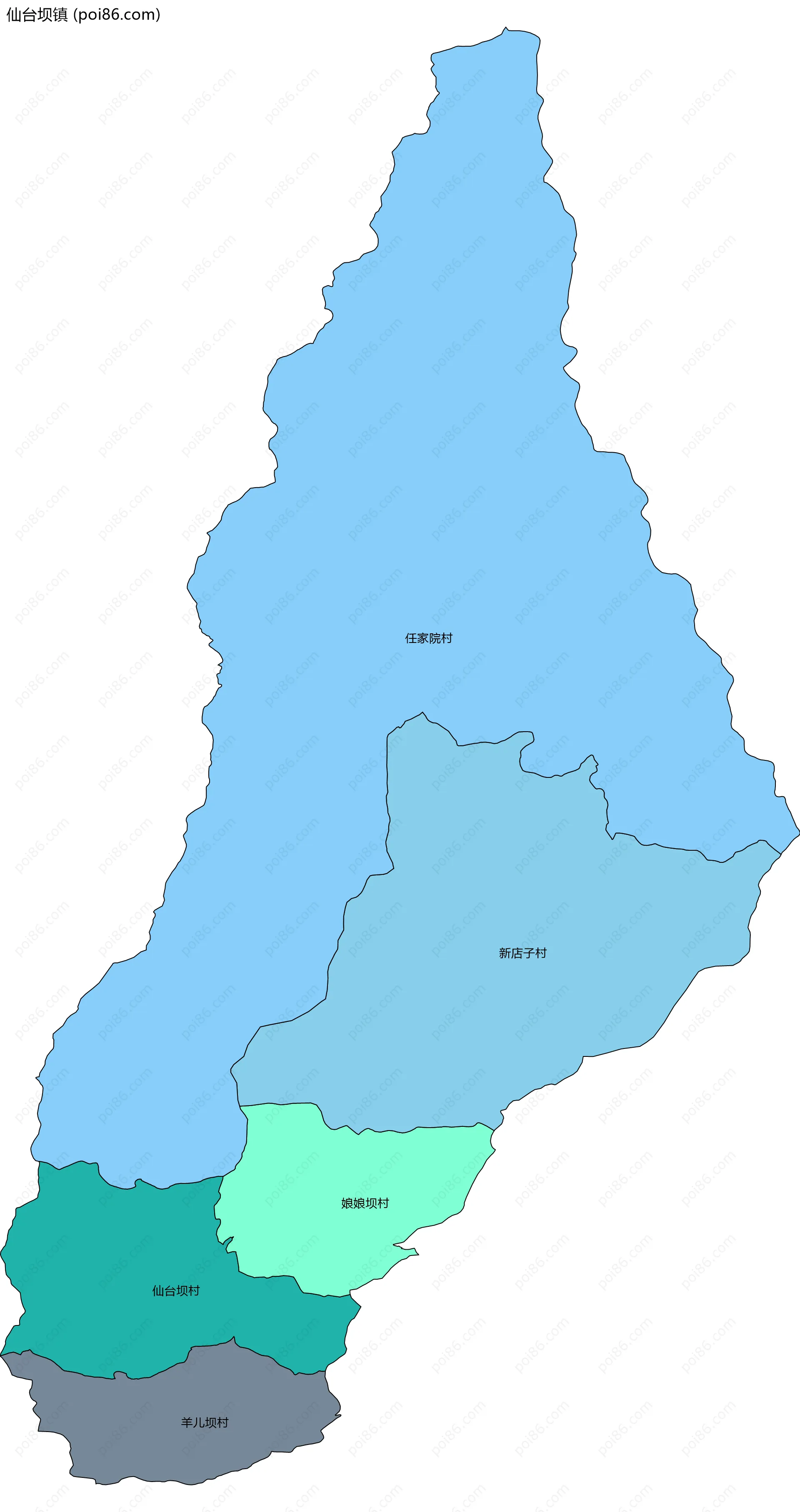 仙台坝镇边界地图(五级行政区划)
