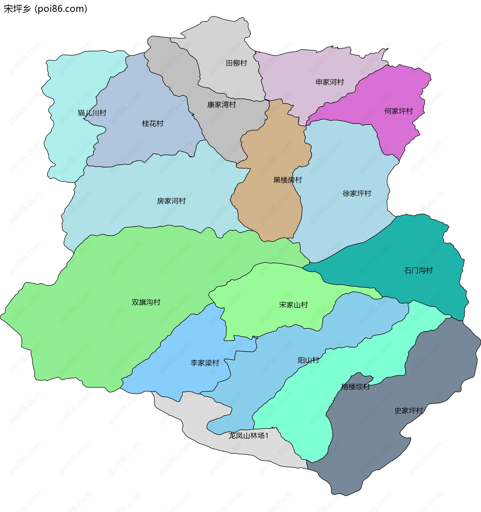 宋坪乡边界地图(五级行政区划)