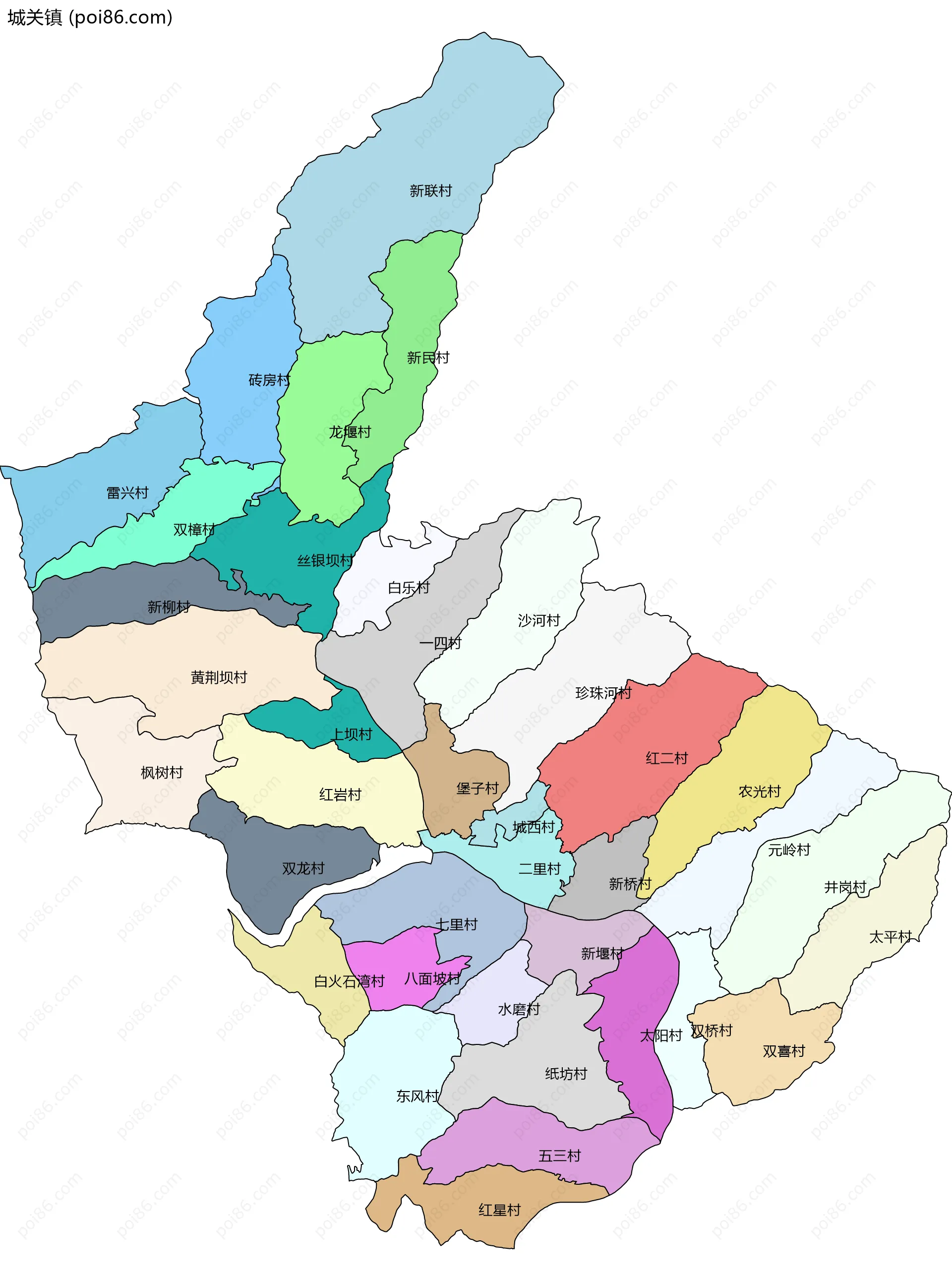 城关镇边界地图(五级行政区划)