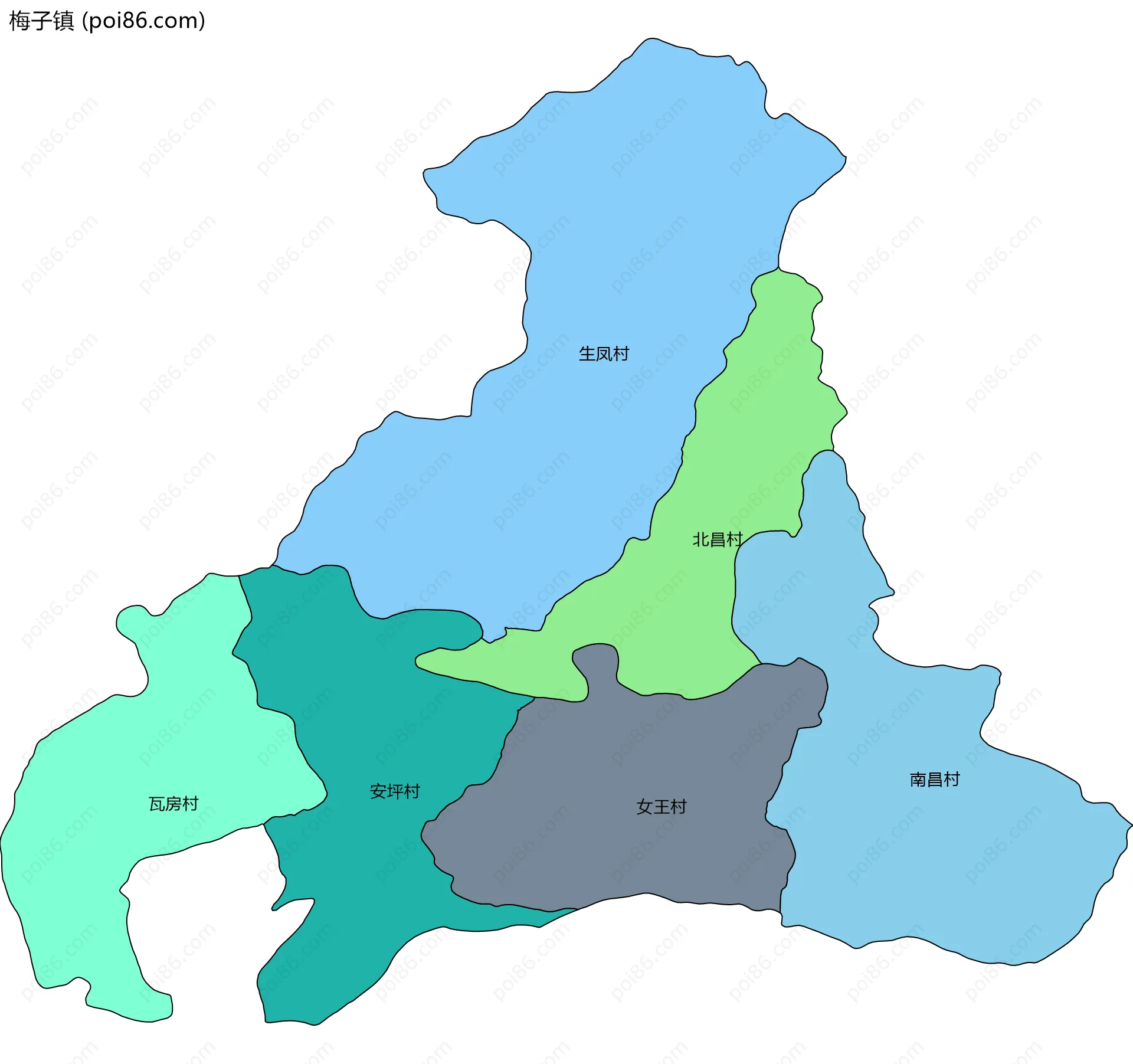 梅子镇边界地图(五级行政区划)