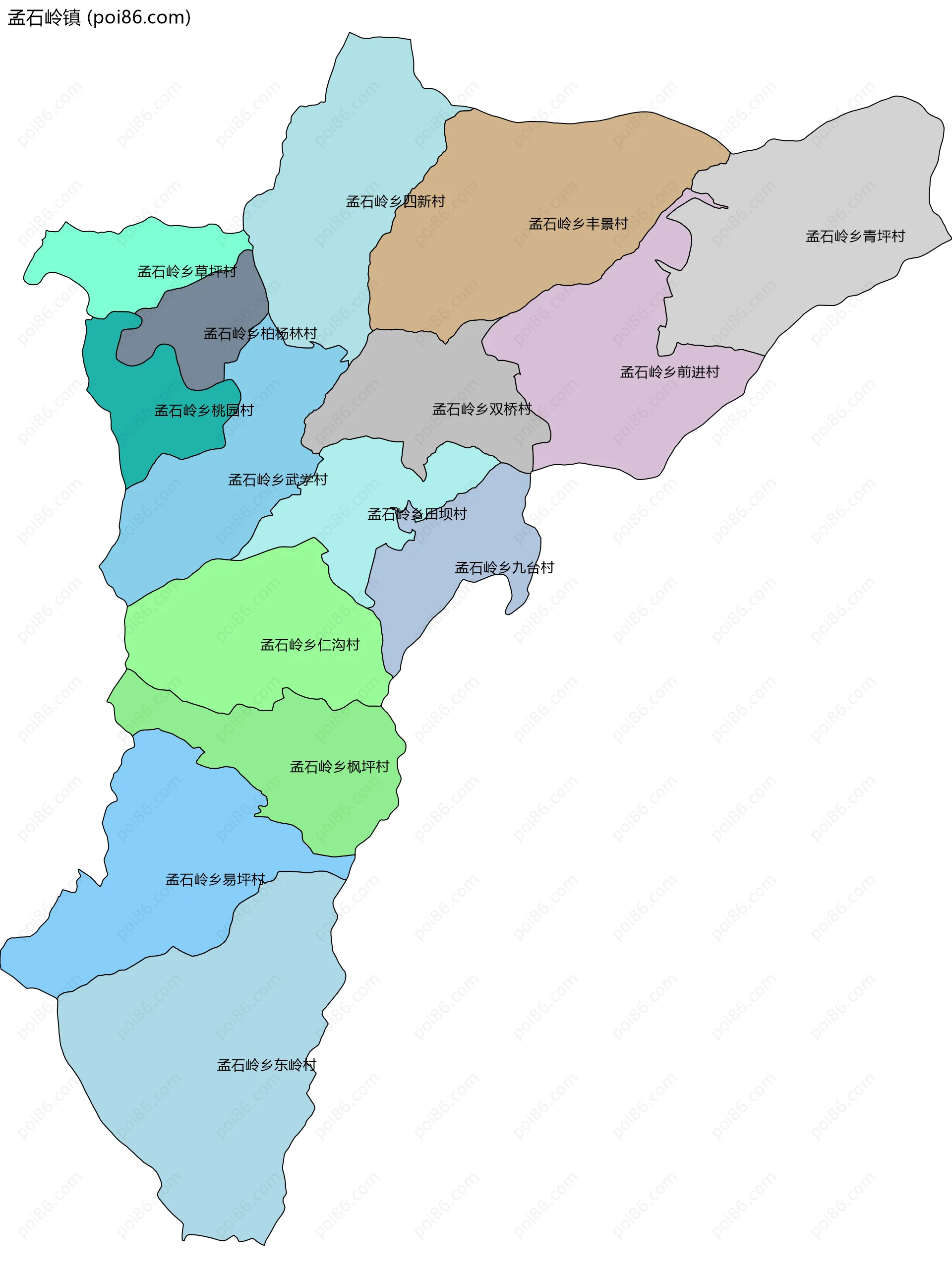 孟石岭镇边界地图(五级行政区划)