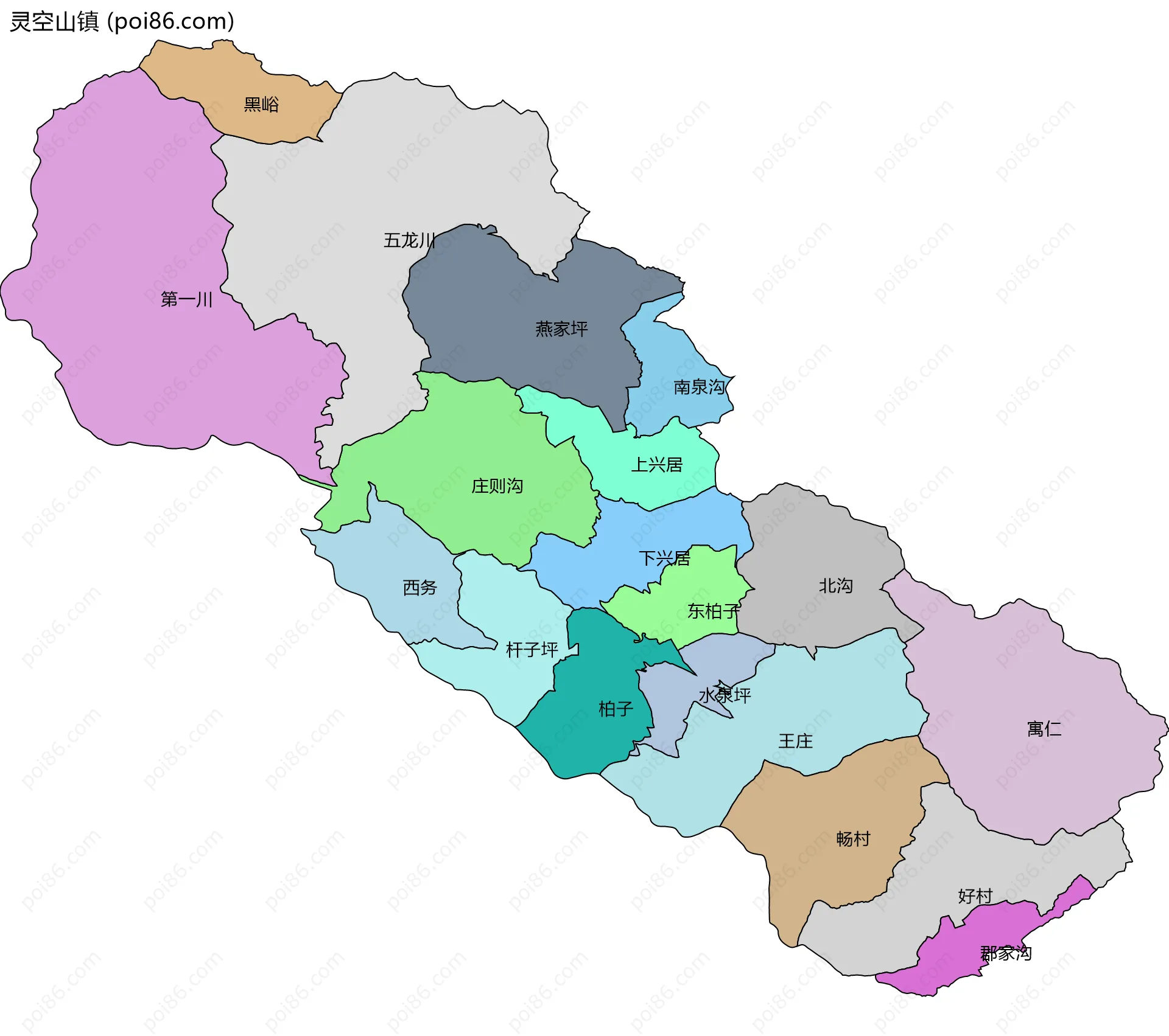 灵空山镇边界地图(五级行政区划)