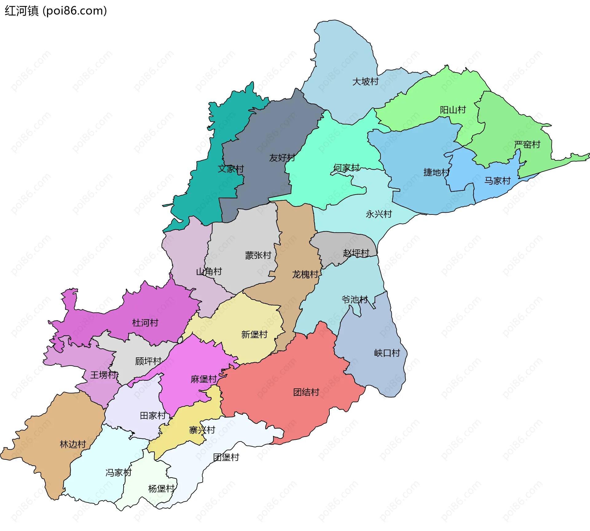 红河镇边界地图(五级行政区划)