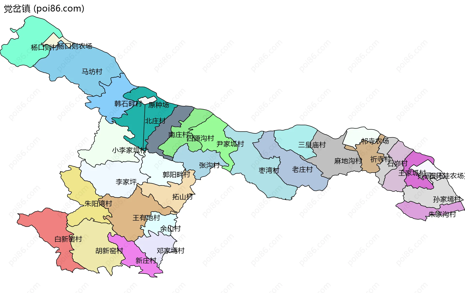 党岔镇边界地图(五级行政区划)