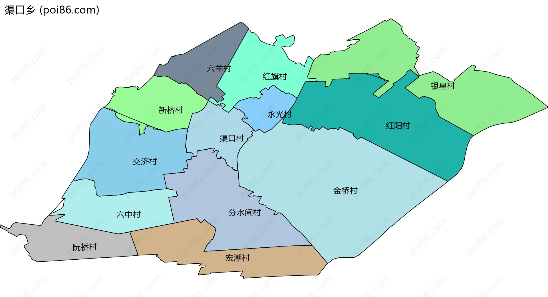 渠口乡边界地图(五级行政区划)