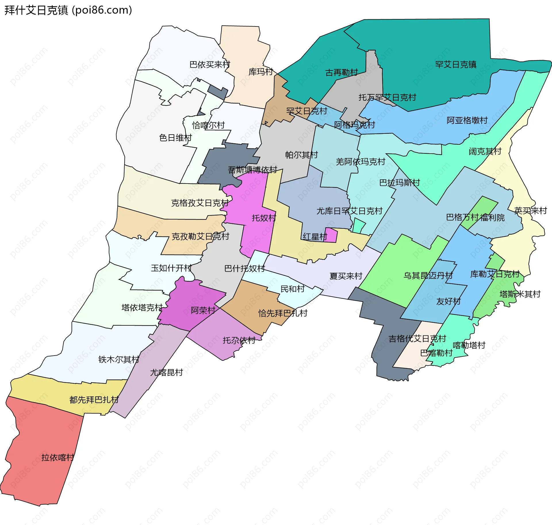 拜什艾日克镇边界地图(五级行政区划)