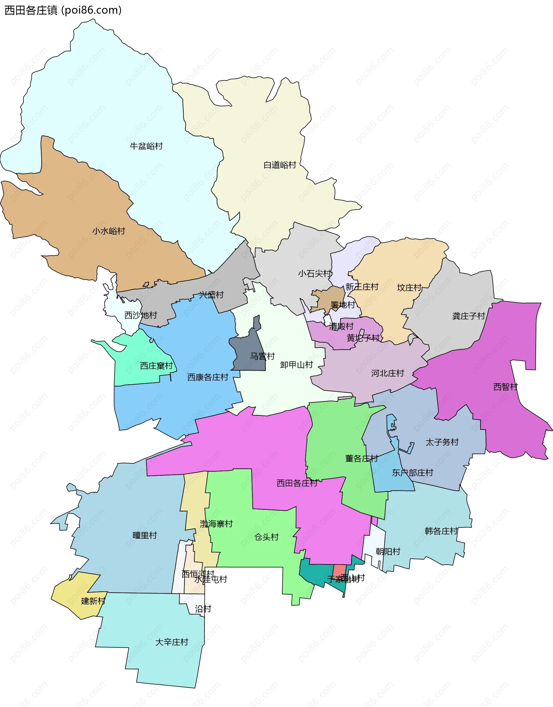 西田各庄镇边界地图(五级行政区划)