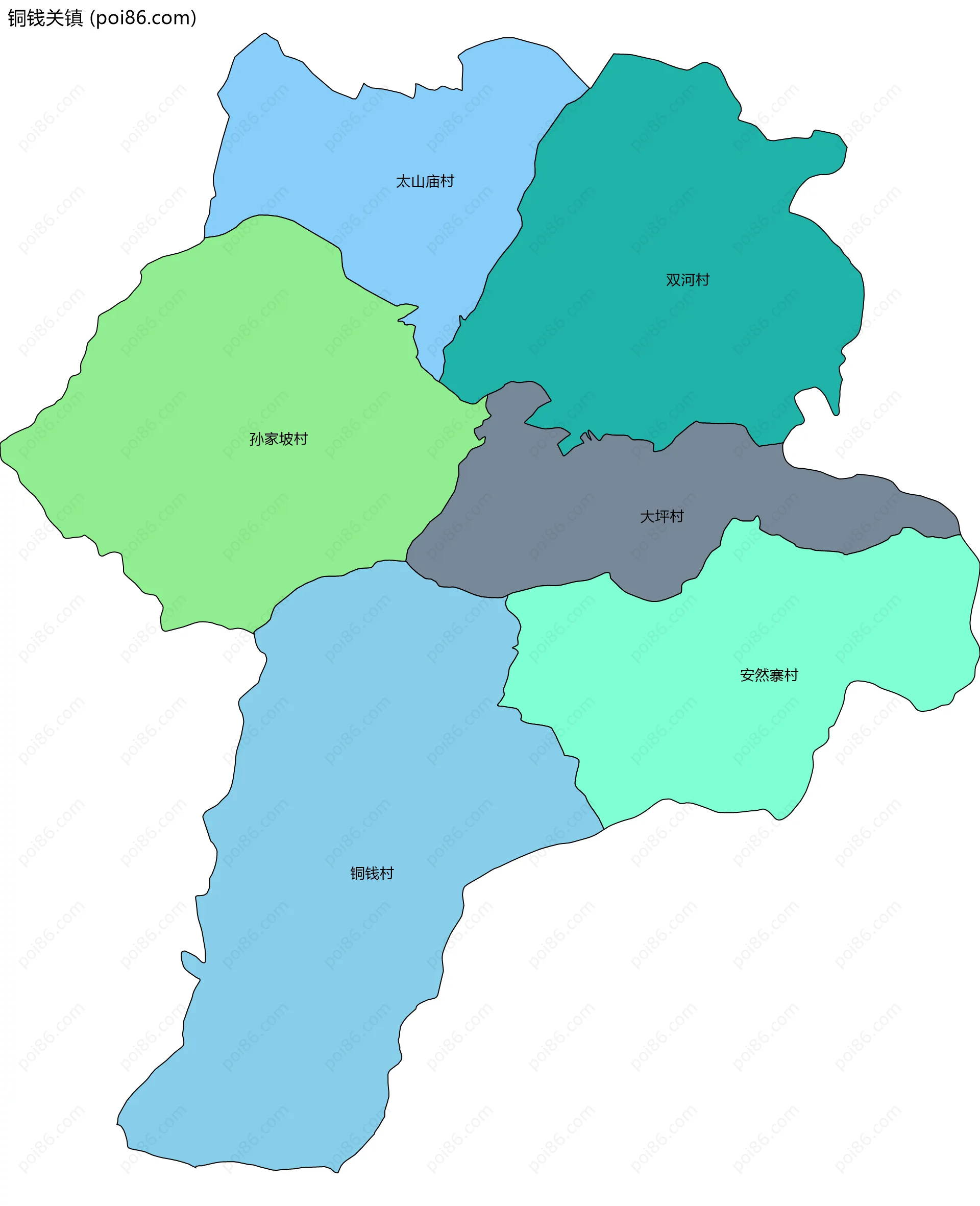 铜钱关镇边界地图(五级行政区划)