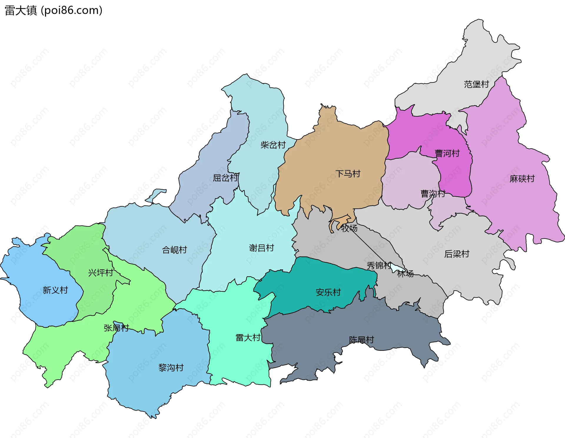 雷大镇边界地图(五级行政区划)