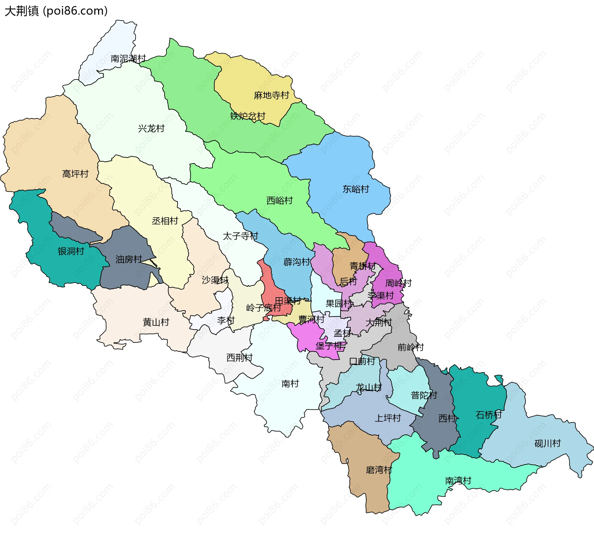 大荆镇边界地图(五级行政区划)