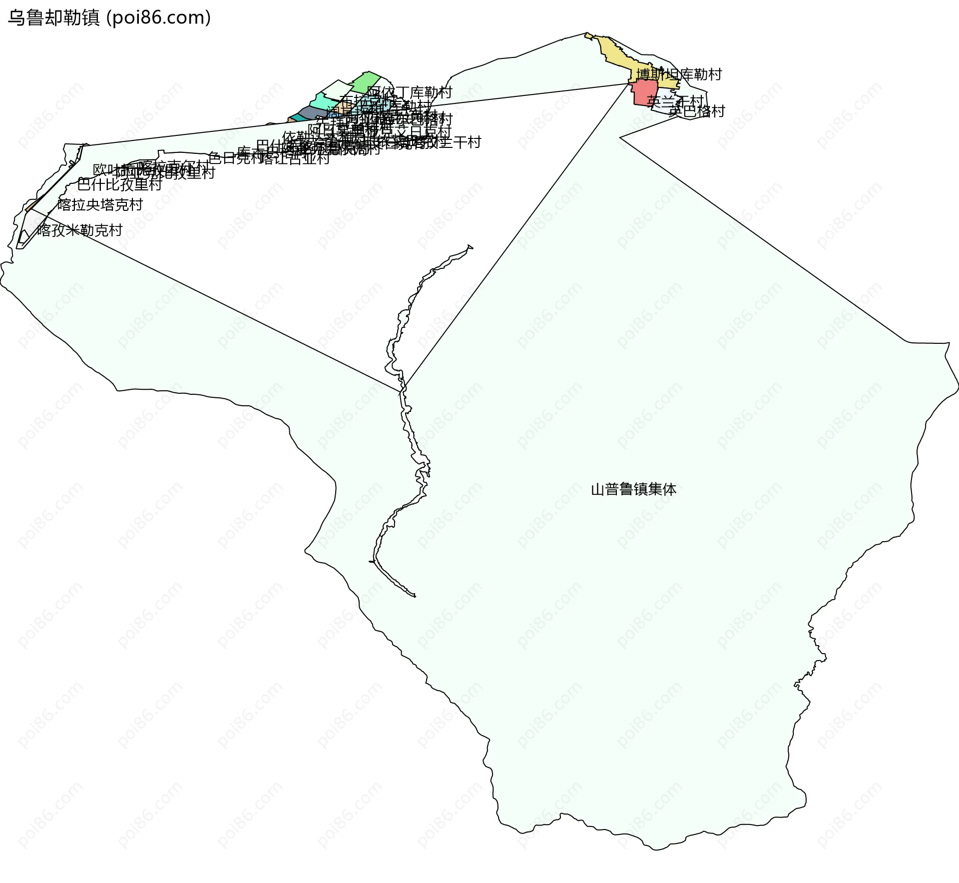 乌鲁却勒镇边界地图(五级行政区划)