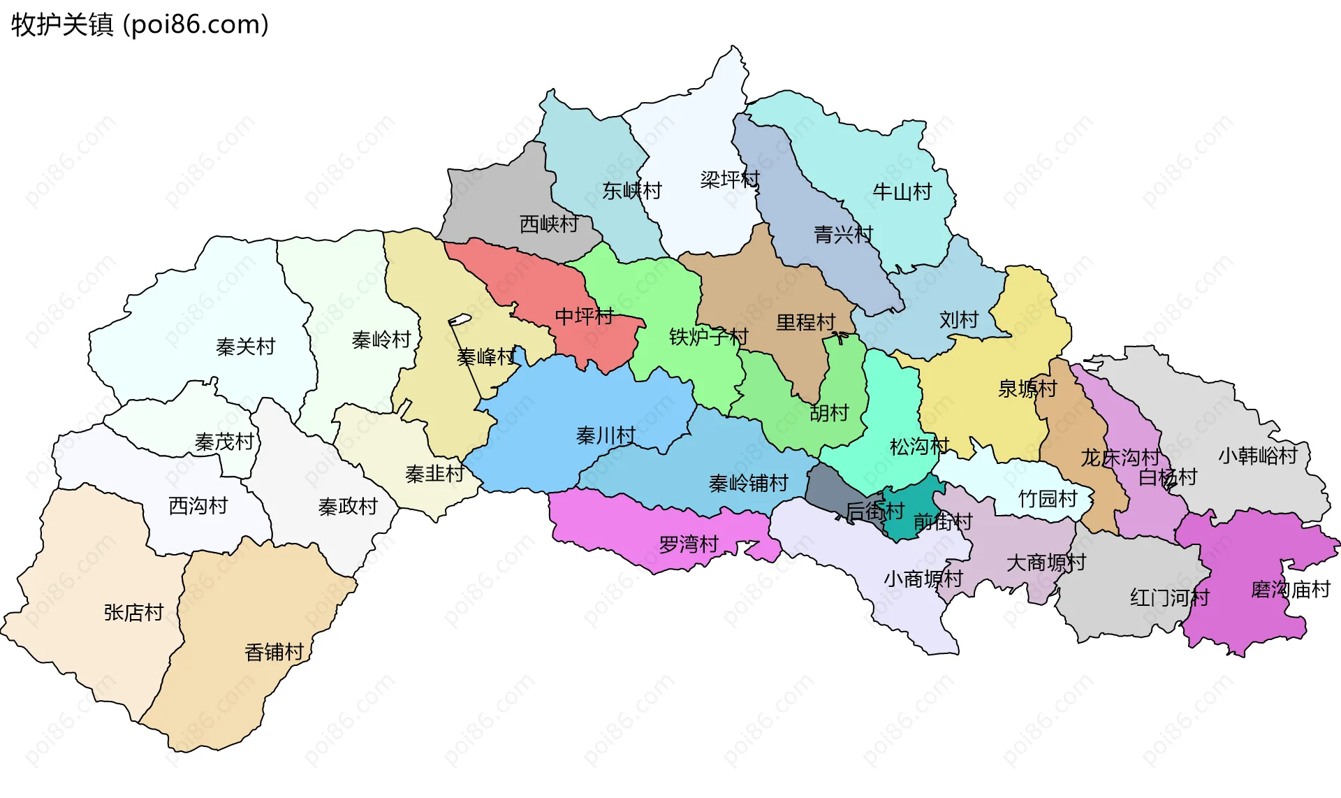 牧护关镇边界地图(五级行政区划)