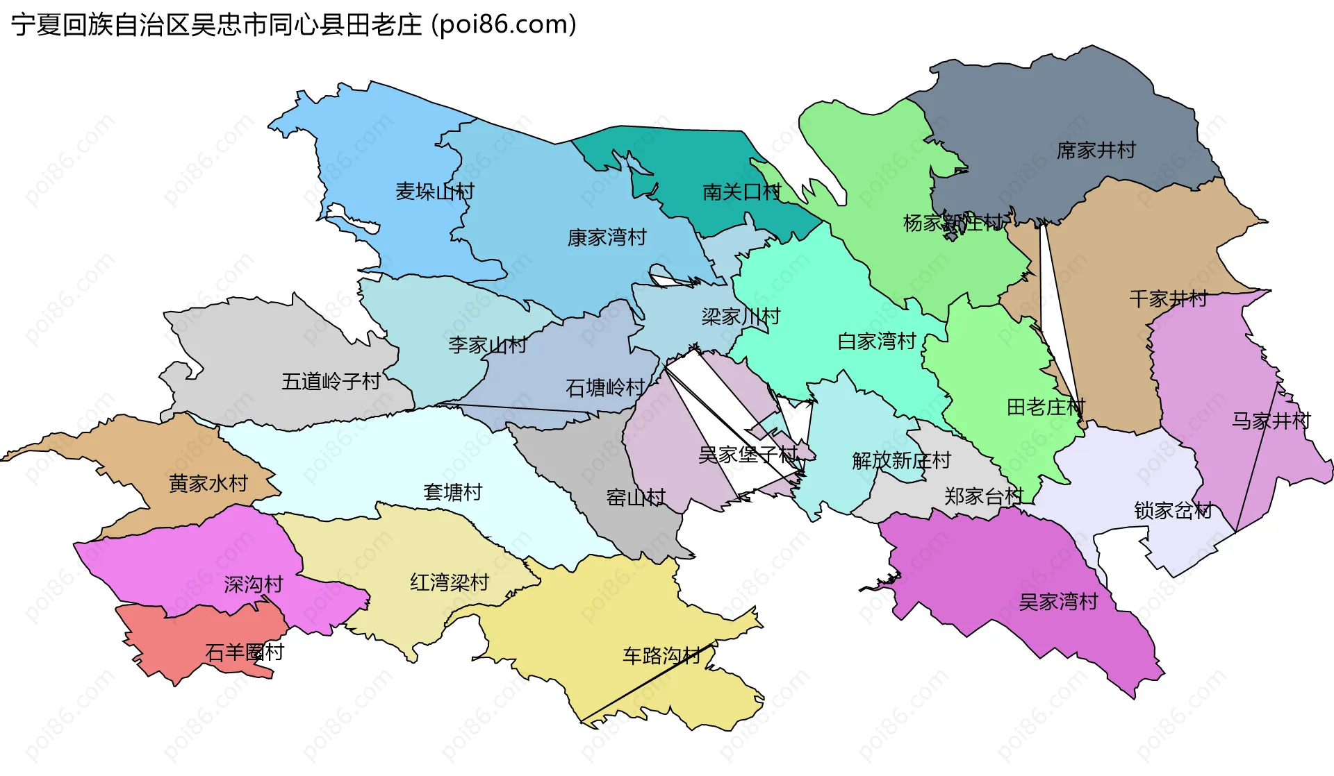 宁夏回族自治区吴忠市同心县田老庄边界地图(五级行政区划)
