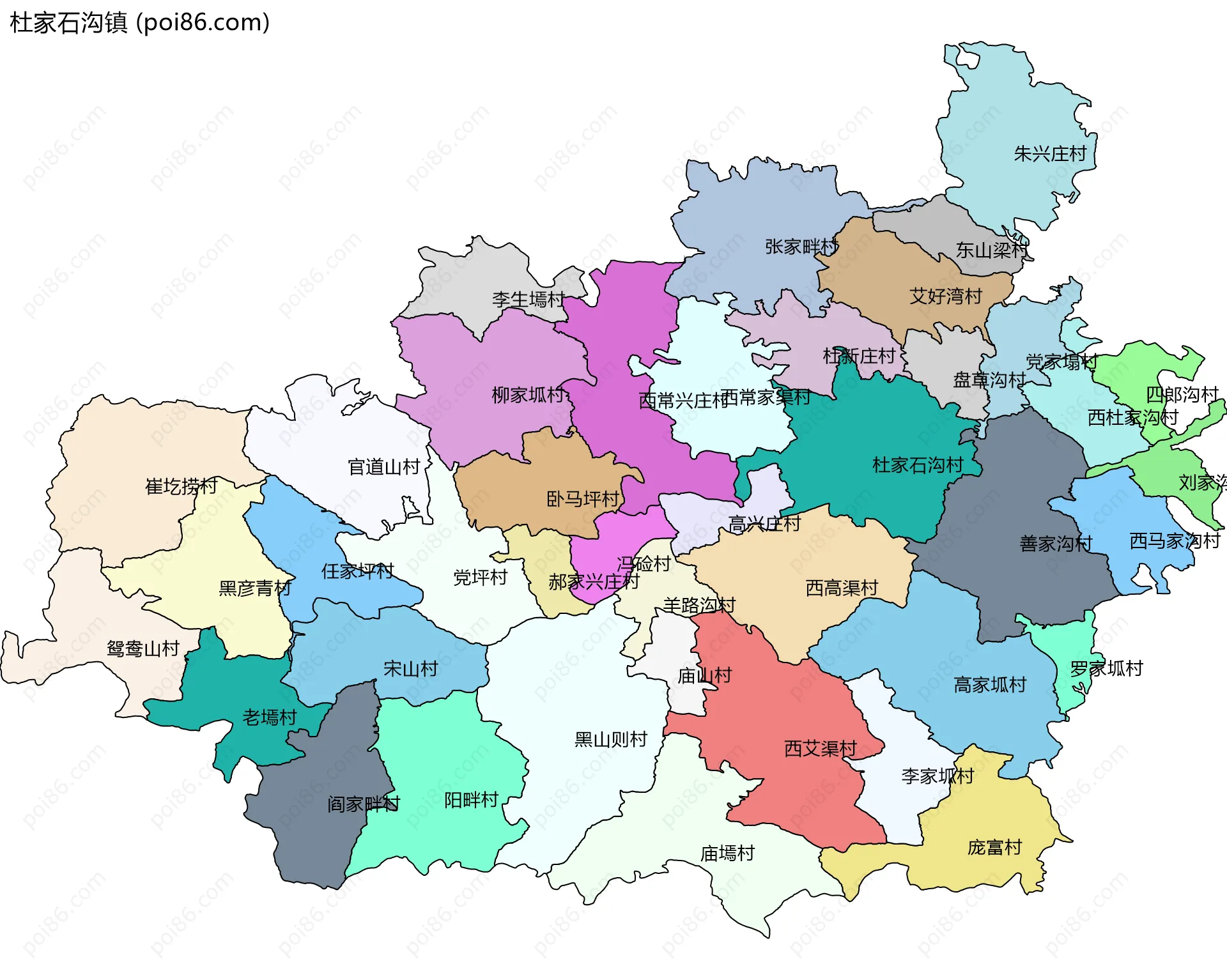 杜家石沟镇边界地图(五级行政区划)