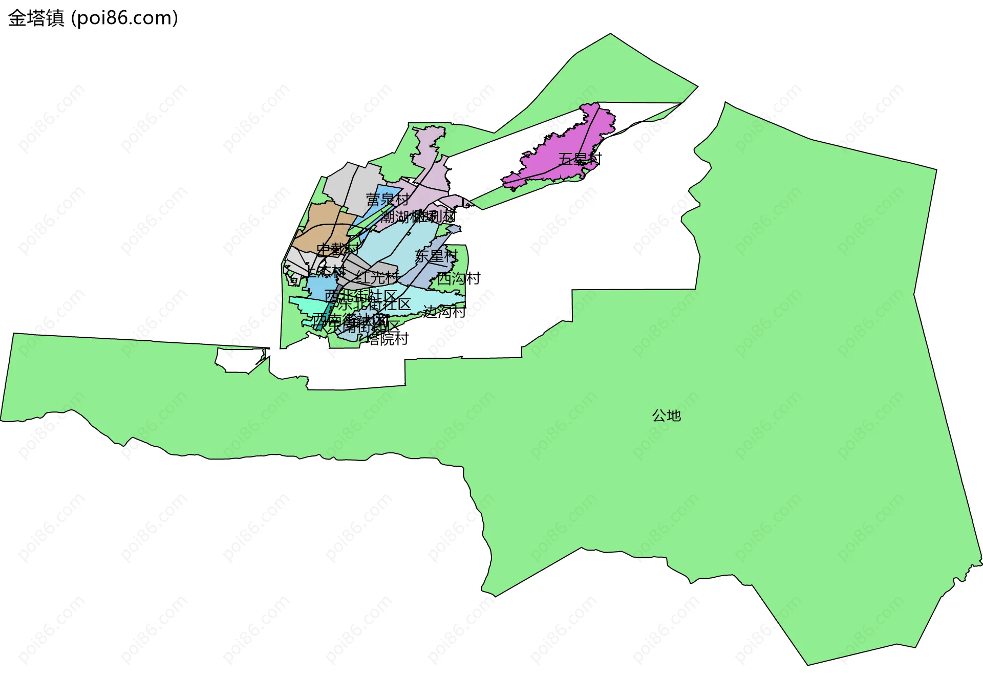 金塔镇边界地图(五级行政区划)
