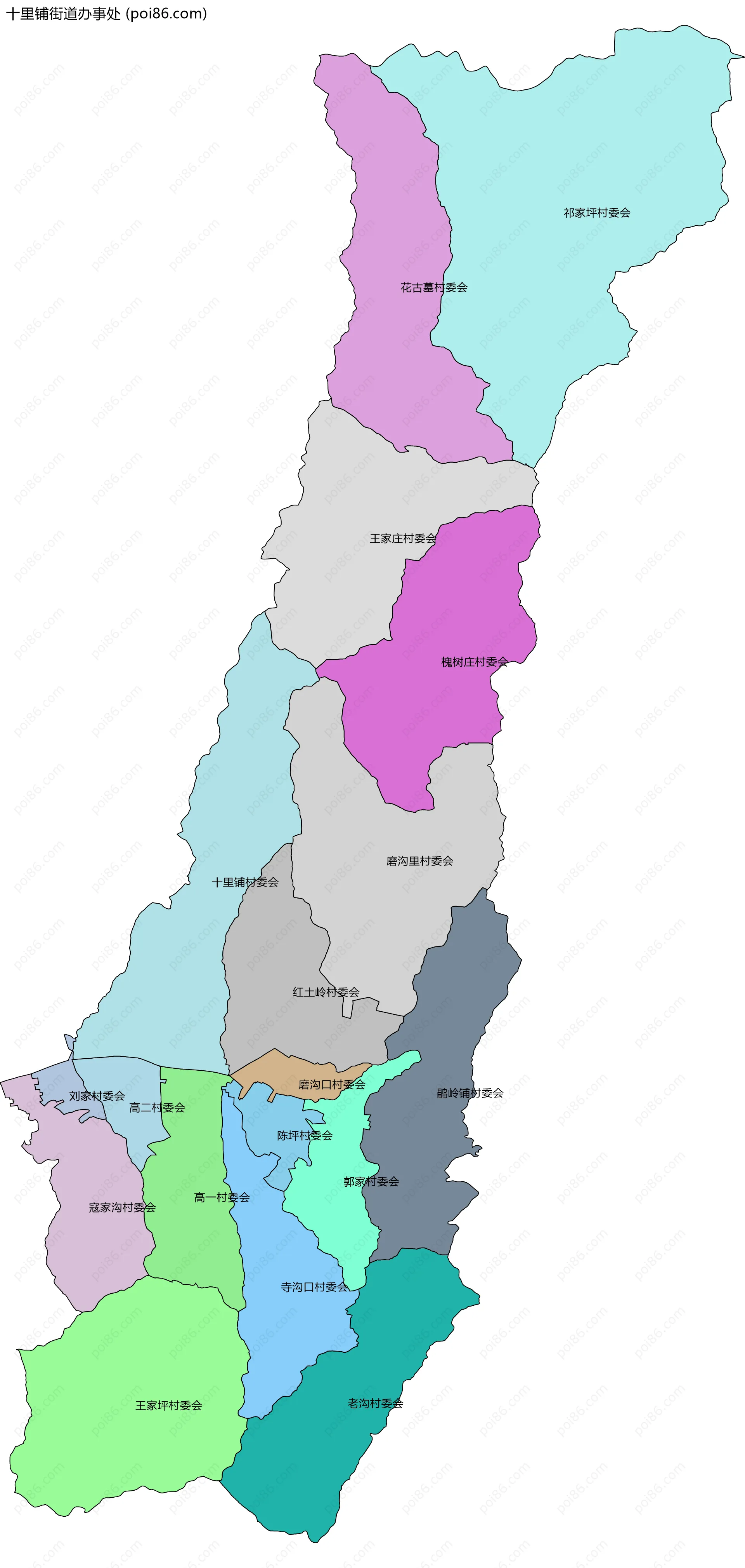 十里铺街道办事处边界地图(五级行政区划)