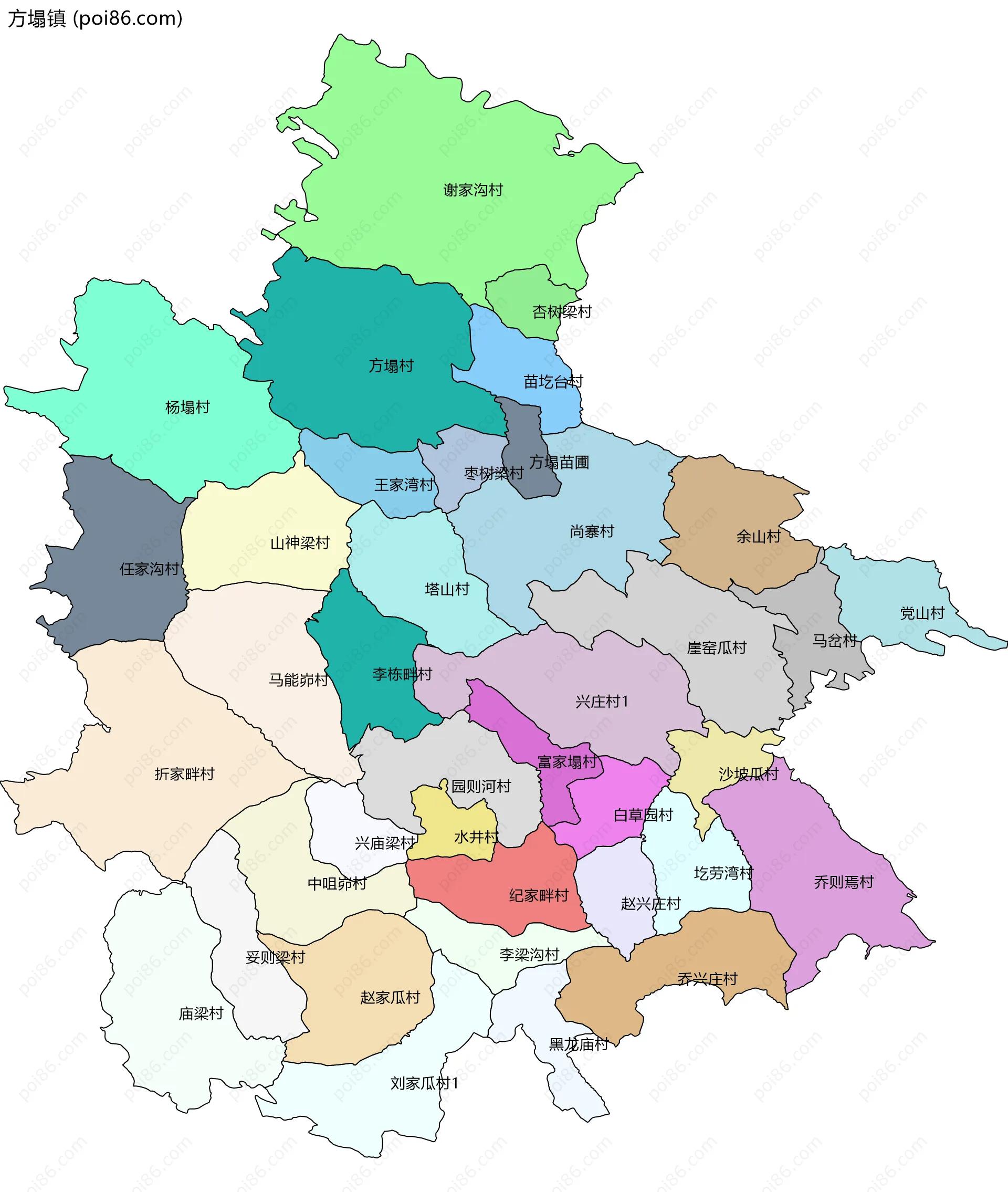 方塌镇边界地图(五级行政区划)