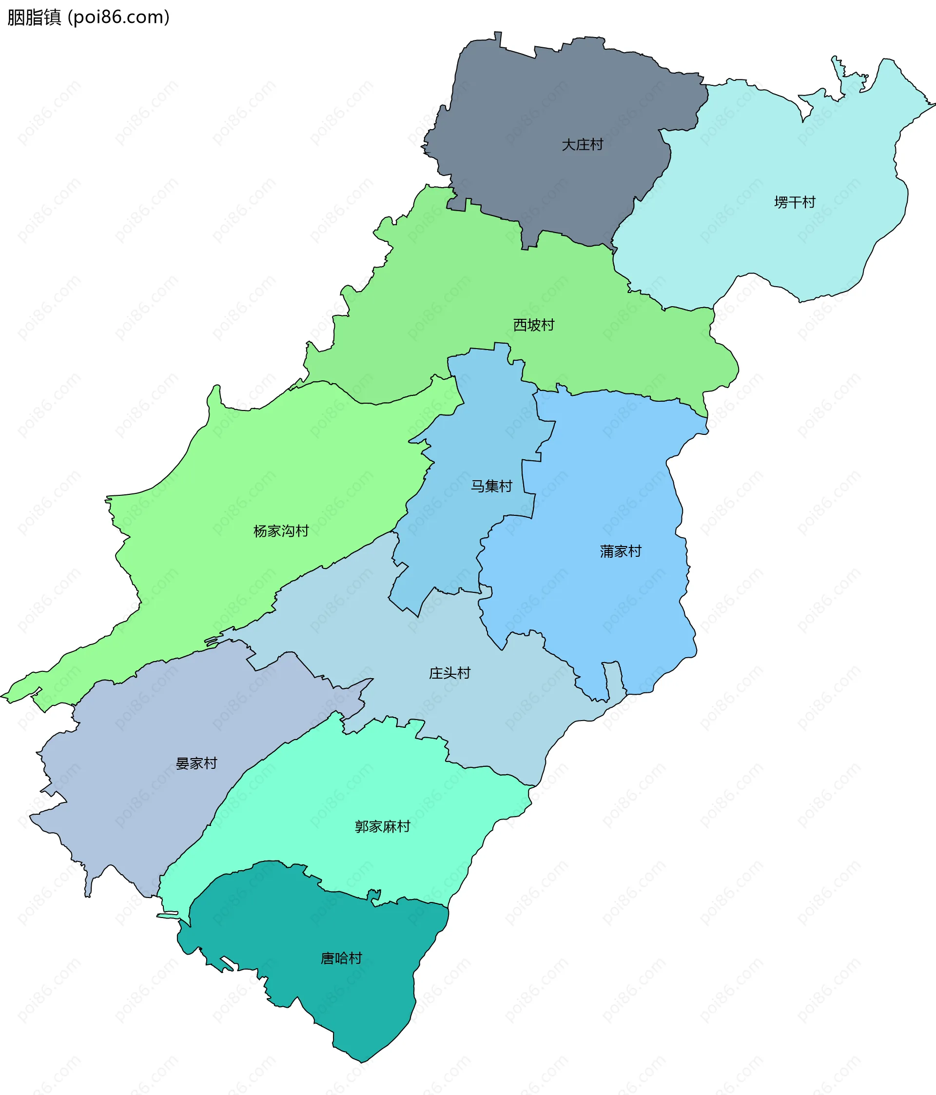 胭脂镇边界地图(五级行政区划)
