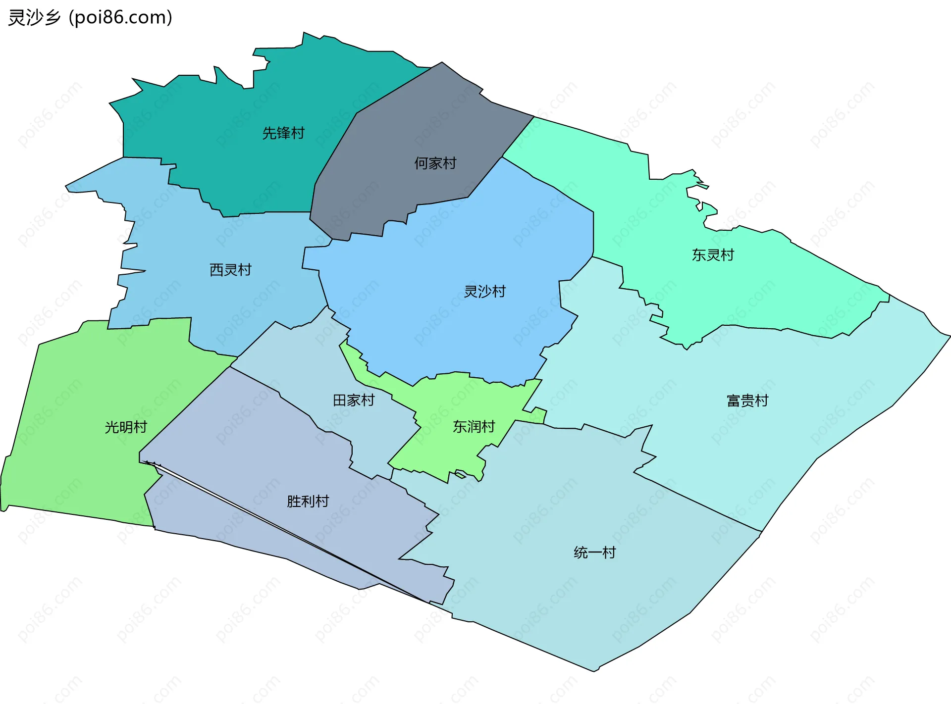 灵沙乡边界地图(五级行政区划)
