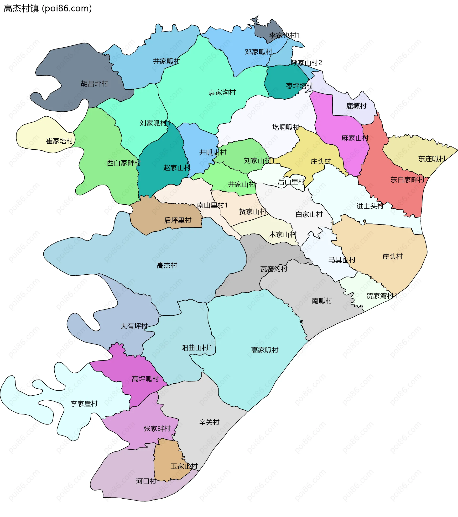 高杰村镇边界地图(五级行政区划)