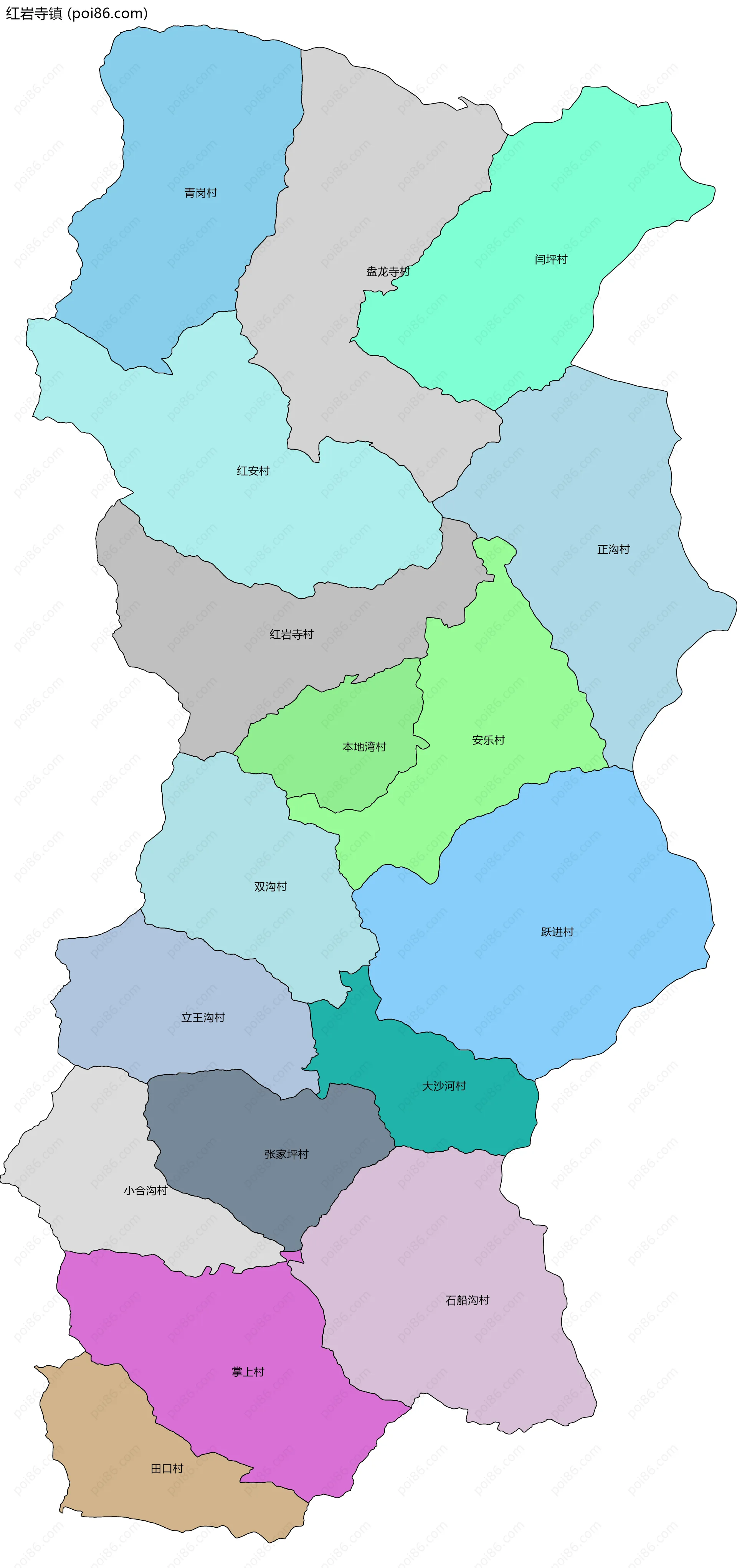 红岩寺镇边界地图(五级行政区划)