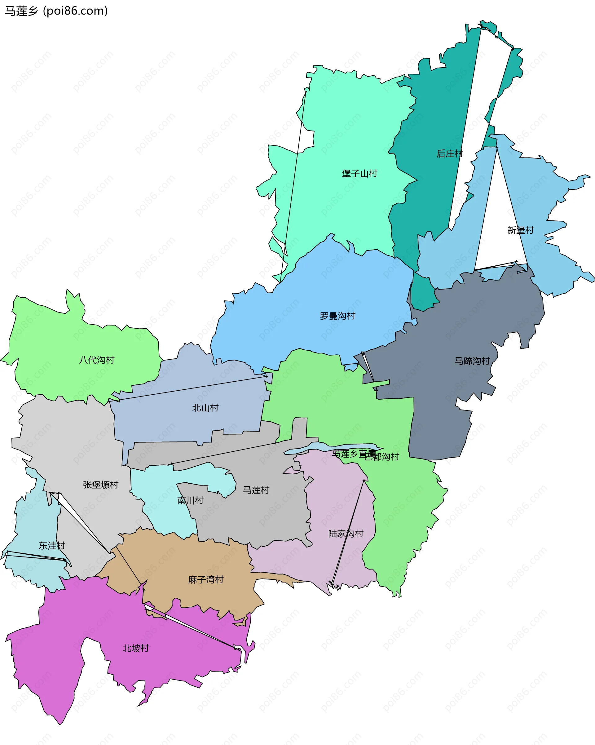 马莲乡边界地图(五级行政区划)